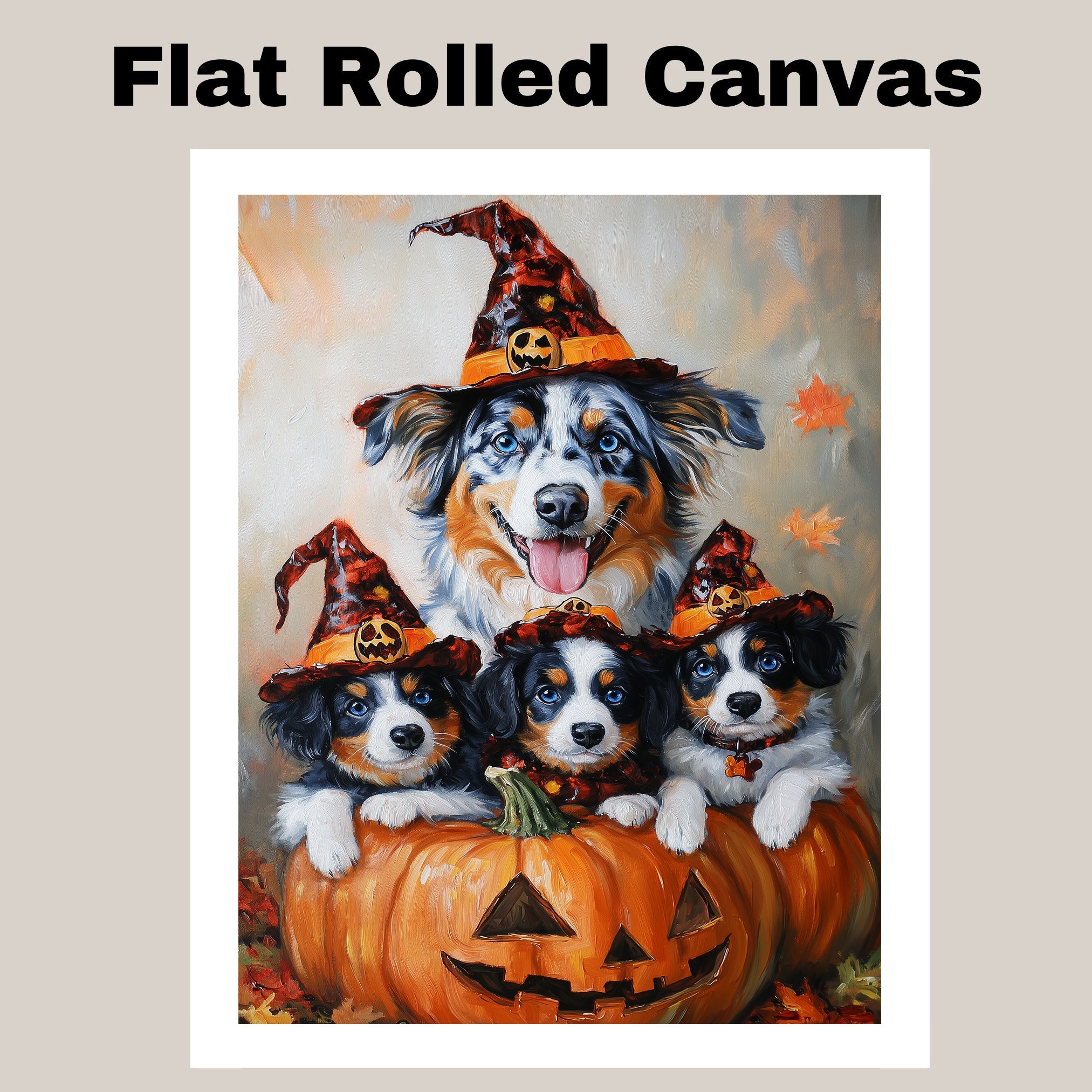 Australian Shepherd Dog Halloween Canvas Wall Art with Pumpkins and Witch Hats Rustic Fall Accent for Cozy Autumn Homes on Ready to Hang 1.5" Thick Canvas Wrap, Floating Framed Canvas, Flat Rolled Canvas