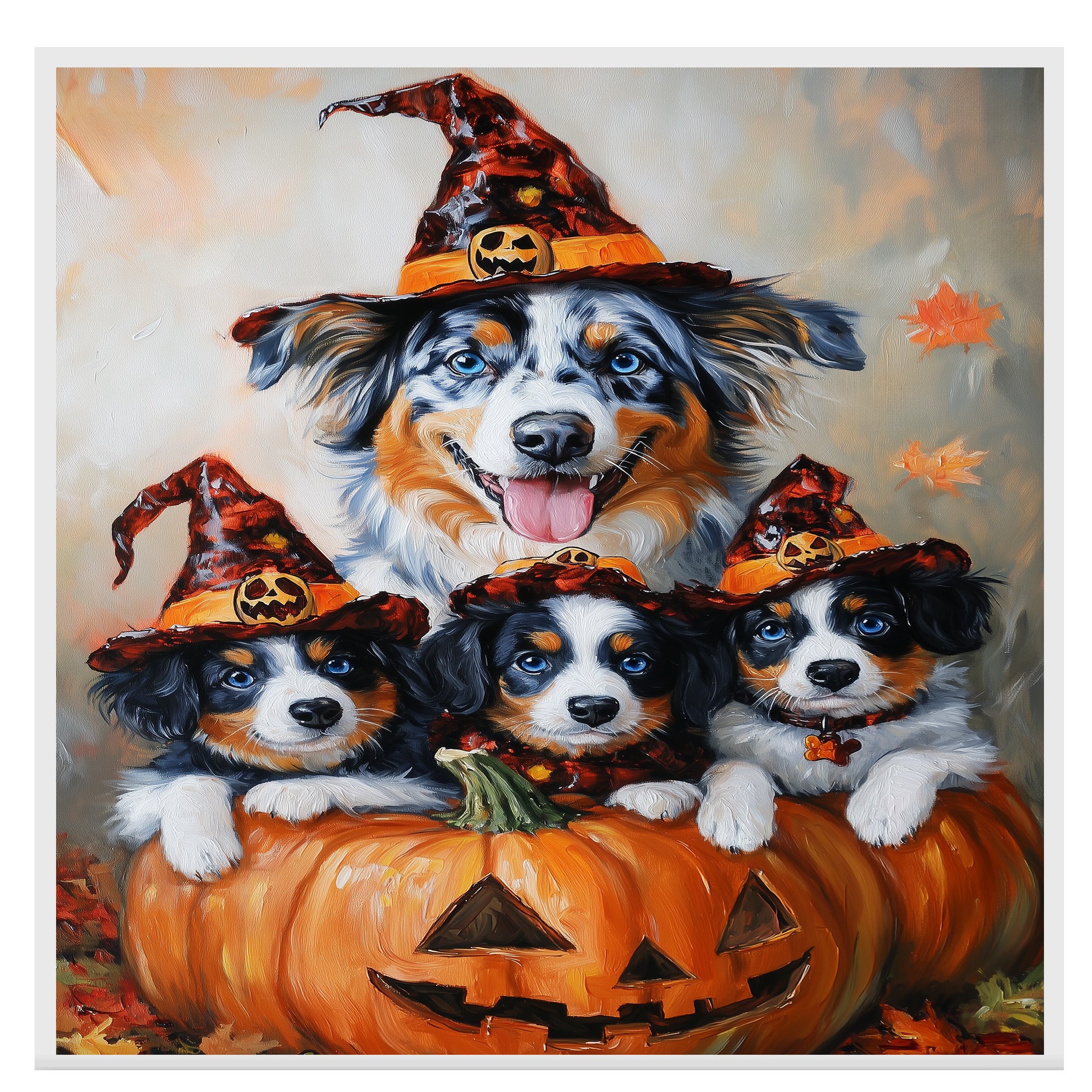 Australian Shepherd Dog Halloween Canvas Wall Art with Pumpkins and Witch Hats Rustic Fall Accent for Cozy Autumn Homes on Ready to Hang 1.5" Thick Canvas Wrap, Floating Framed Canvas, Flat Rolled Canvas
