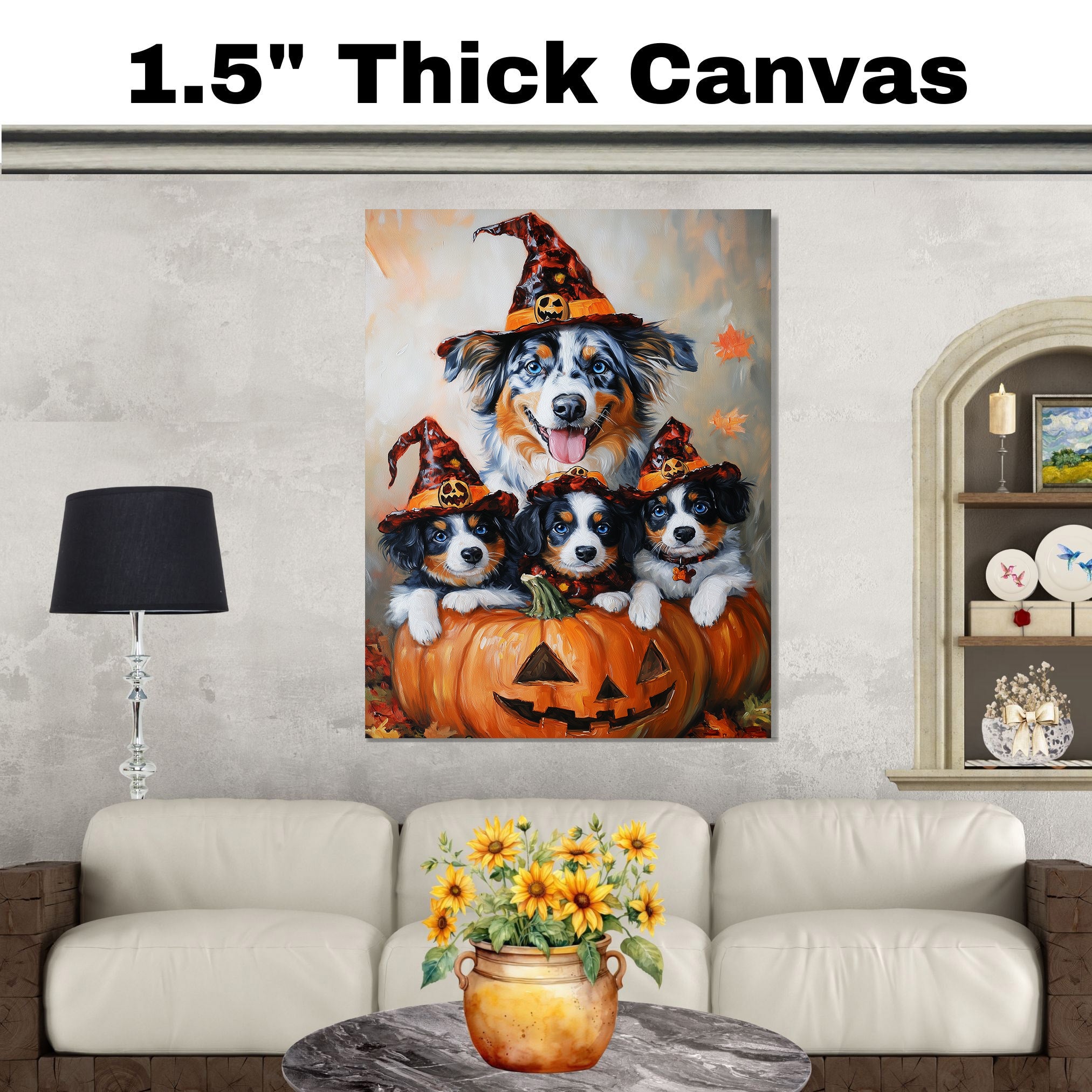Australian Shepherd Dog Halloween Canvas Wall Art with Pumpkins and Witch Hats Rustic Fall Accent for Cozy Autumn Homes on Ready to Hang 1.5" Thick Canvas Wrap, Floating Framed Canvas, Flat Rolled Canvas