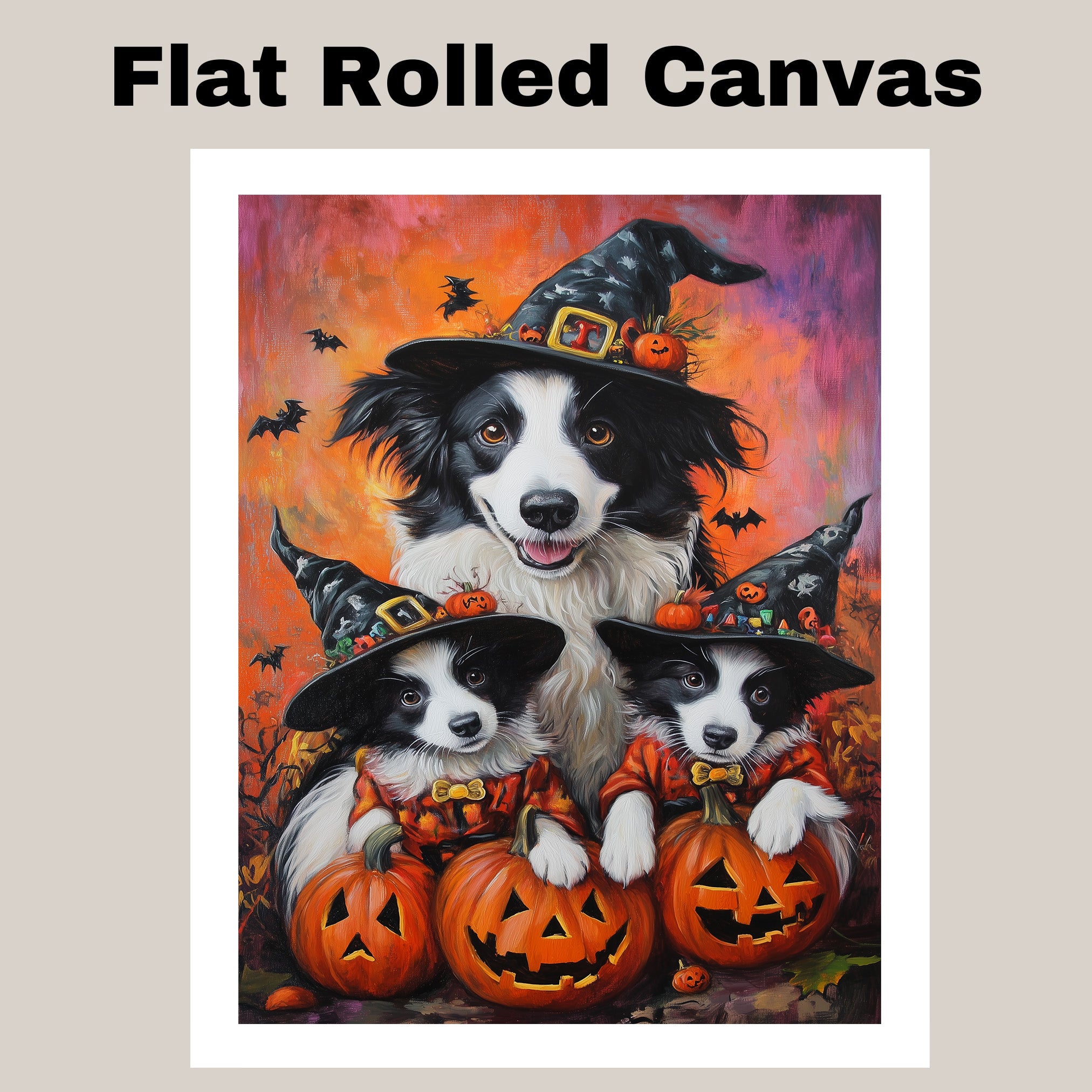 Border Collie Puppies Halloween Canvas Wall Art with Pumpkins and Witch Hats Rustic Fall Accent for Farmhouse Homes on Ready to Hang 1.5" Thick Canvas Wrap, Floating Framed Canvas, Flat Rolled Canvas