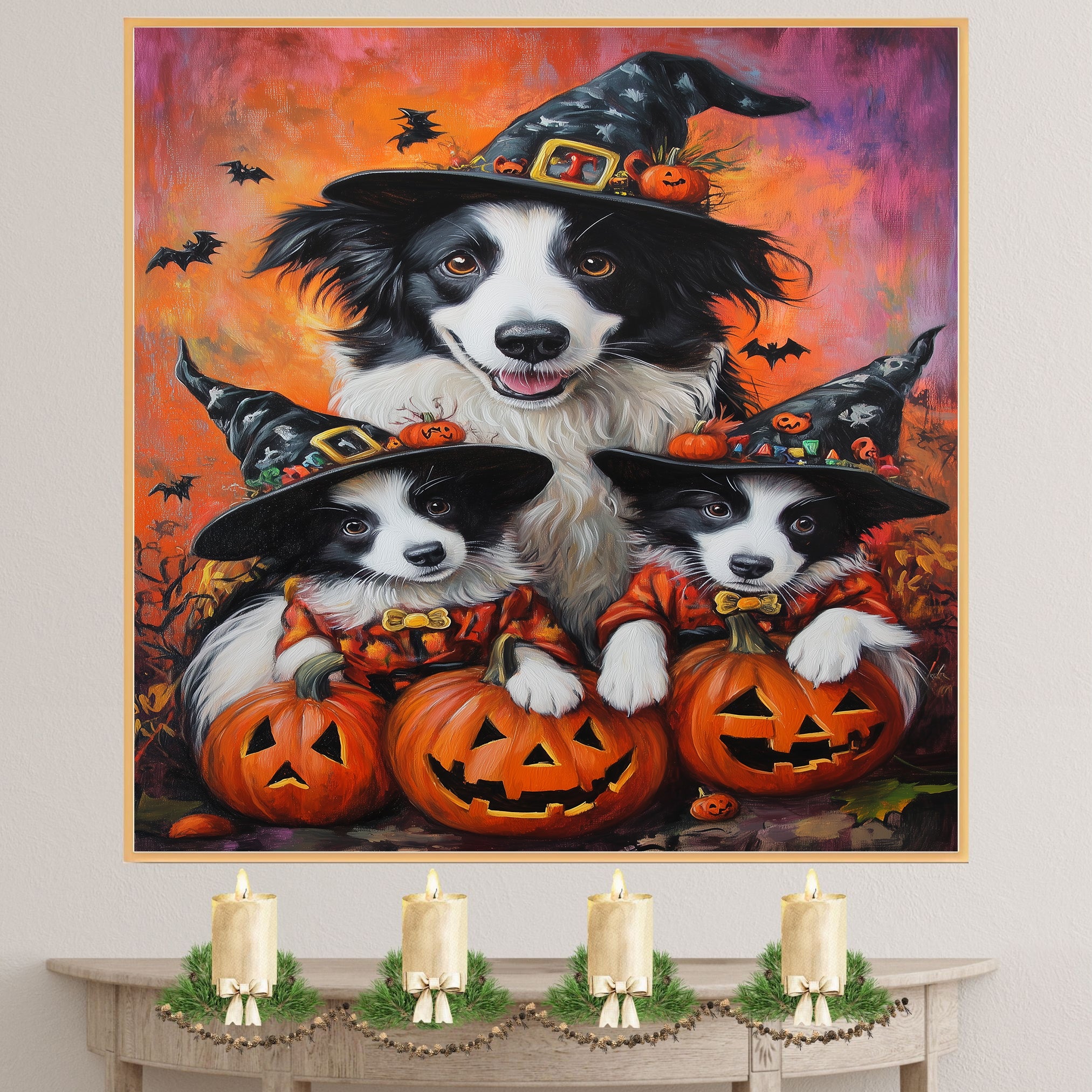 Border Collie Puppies Halloween Canvas Wall Art with Pumpkins and Witch Hats Rustic Fall Accent for Farmhouse Homes on Ready to Hang 1.5" Thick Canvas Wrap, Floating Framed Canvas, Flat Rolled Canvas