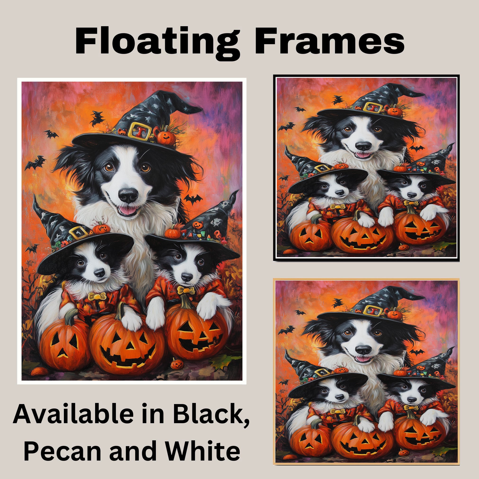 Border Collie Puppies Halloween Canvas Wall Art with Pumpkins and Witch Hats Rustic Fall Accent for Farmhouse Homes on Ready to Hang 1.5" Thick Canvas Wrap, Floating Framed Canvas, Flat Rolled Canvas