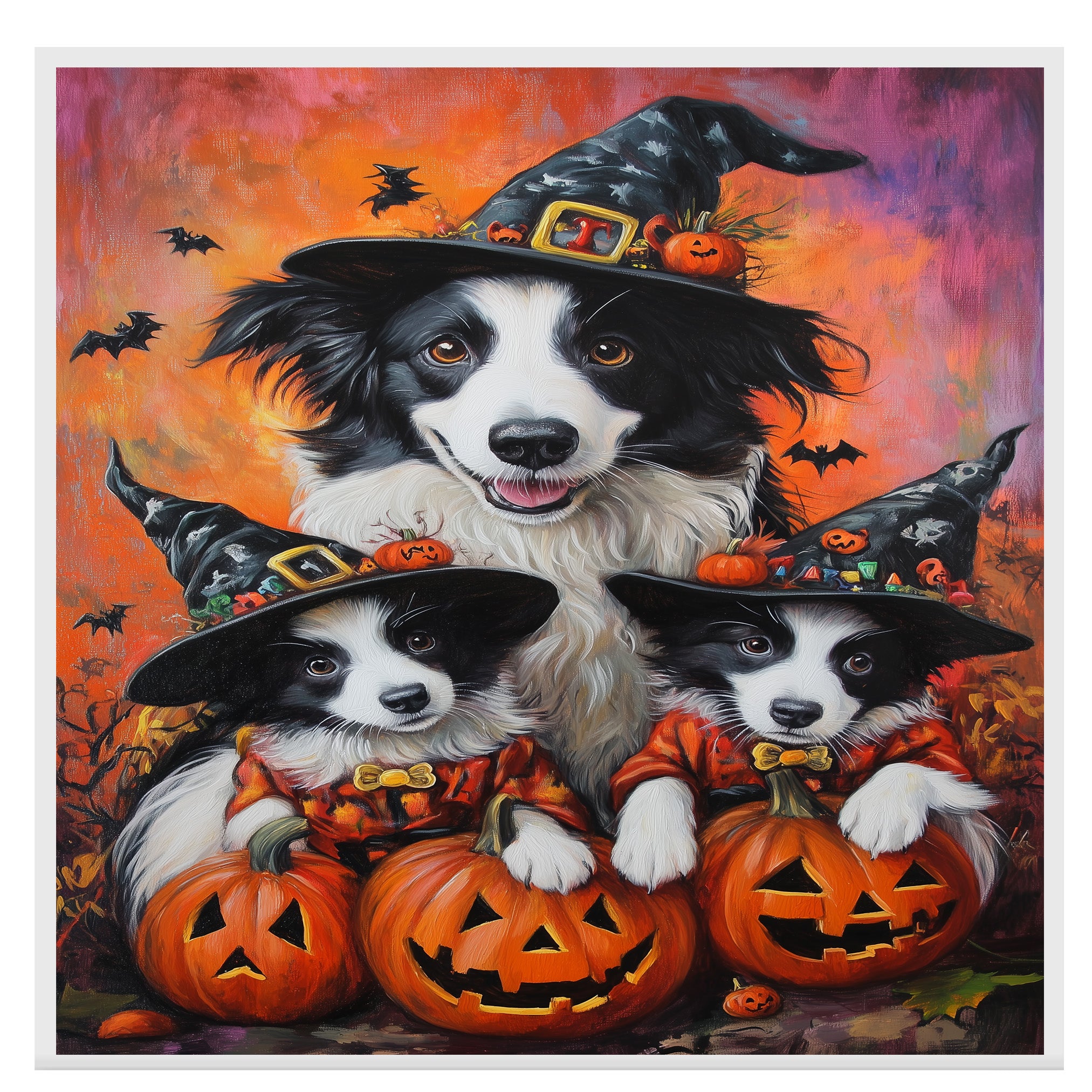 Border Collie Puppies Halloween Canvas Wall Art with Pumpkins and Witch Hats Rustic Fall Accent for Farmhouse Homes on Ready to Hang 1.5" Thick Canvas Wrap, Floating Framed Canvas, Flat Rolled Canvas