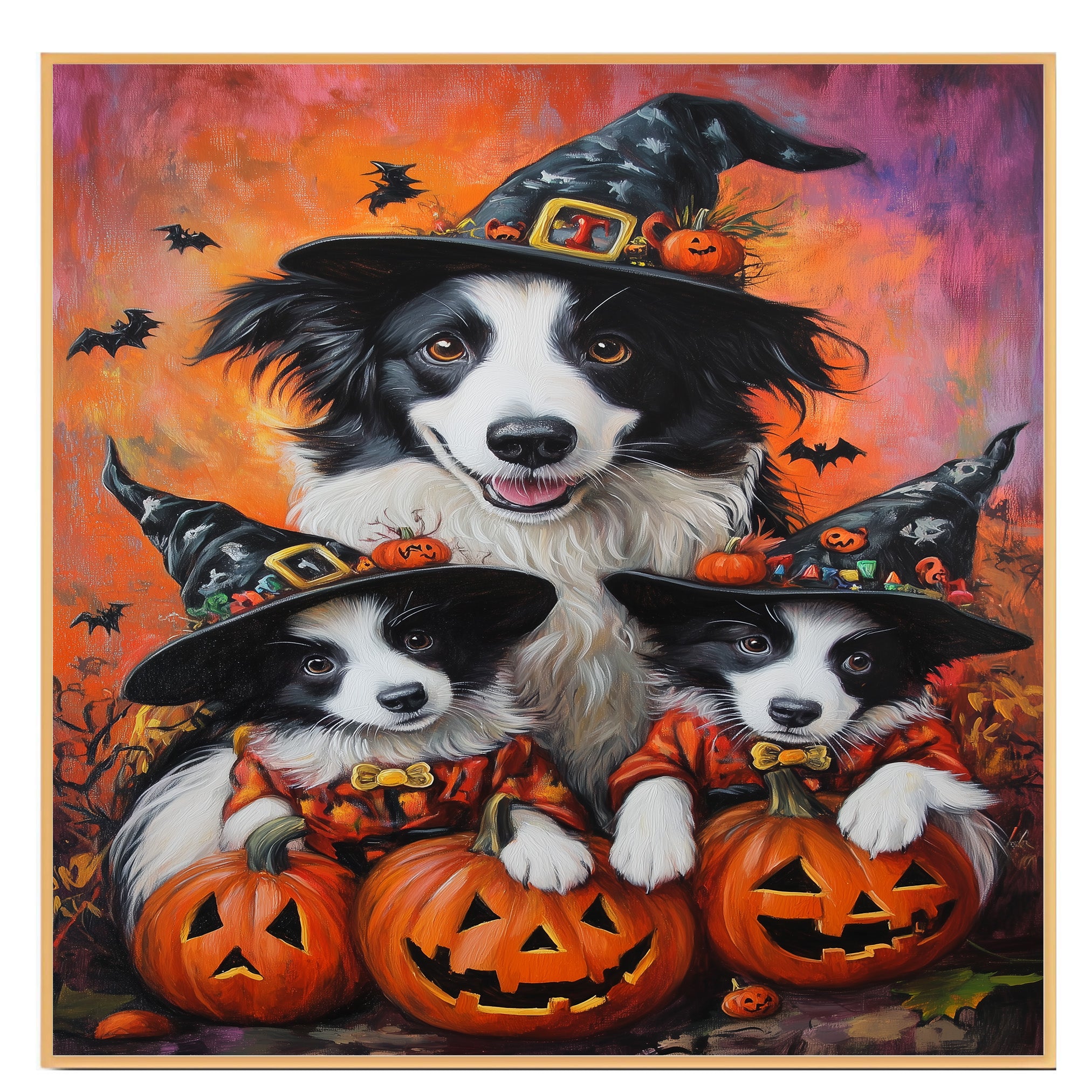 Border Collie Puppies Halloween Canvas Wall Art with Pumpkins and Witch Hats Rustic Fall Accent for Farmhouse Homes on Ready to Hang 1.5" Thick Canvas Wrap, Floating Framed Canvas, Flat Rolled Canvas