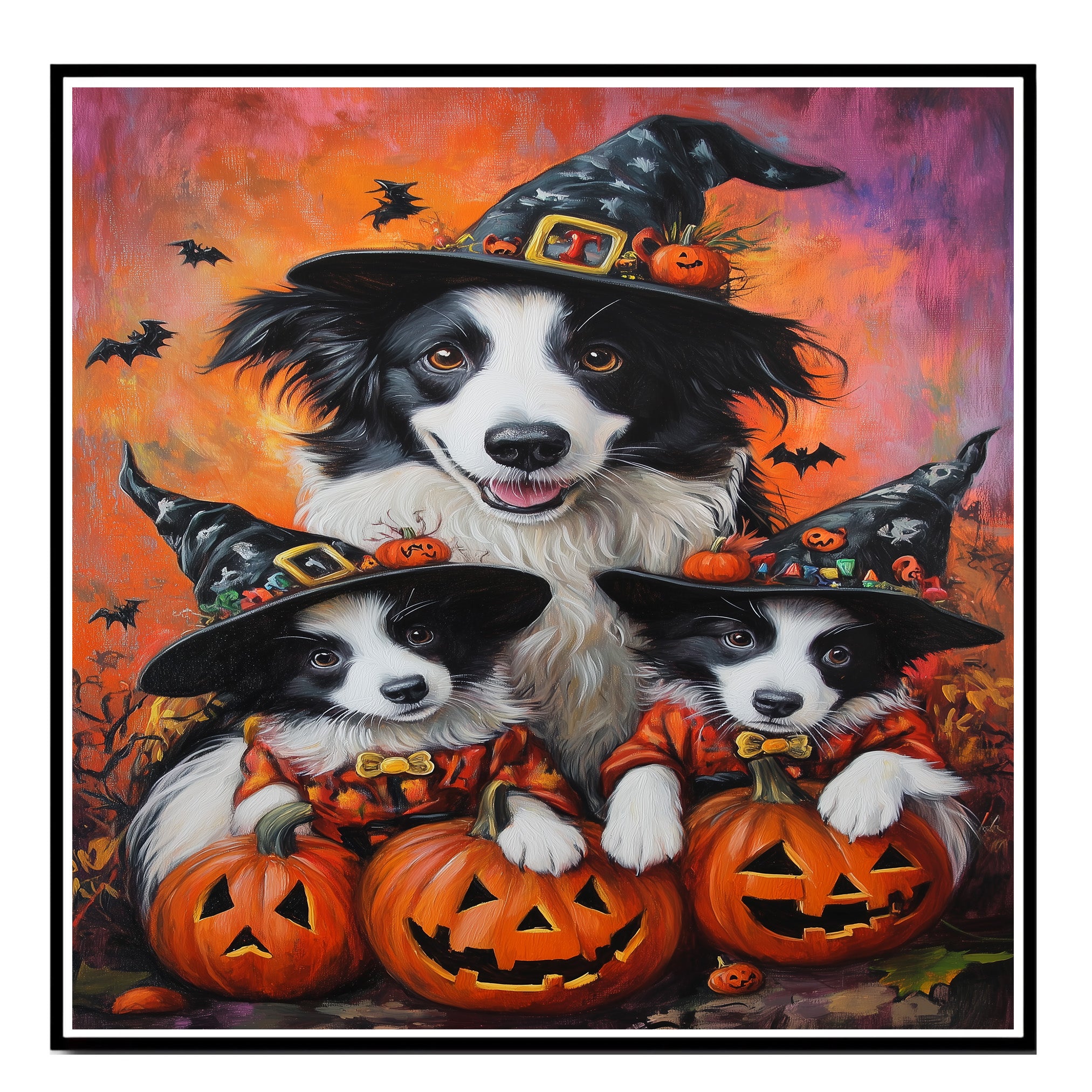 Border Collie Puppies Halloween Canvas Wall Art with Pumpkins and Witch Hats Rustic Fall Accent for Farmhouse Homes on Ready to Hang 1.5" Thick Canvas Wrap, Floating Framed Canvas, Flat Rolled Canvas