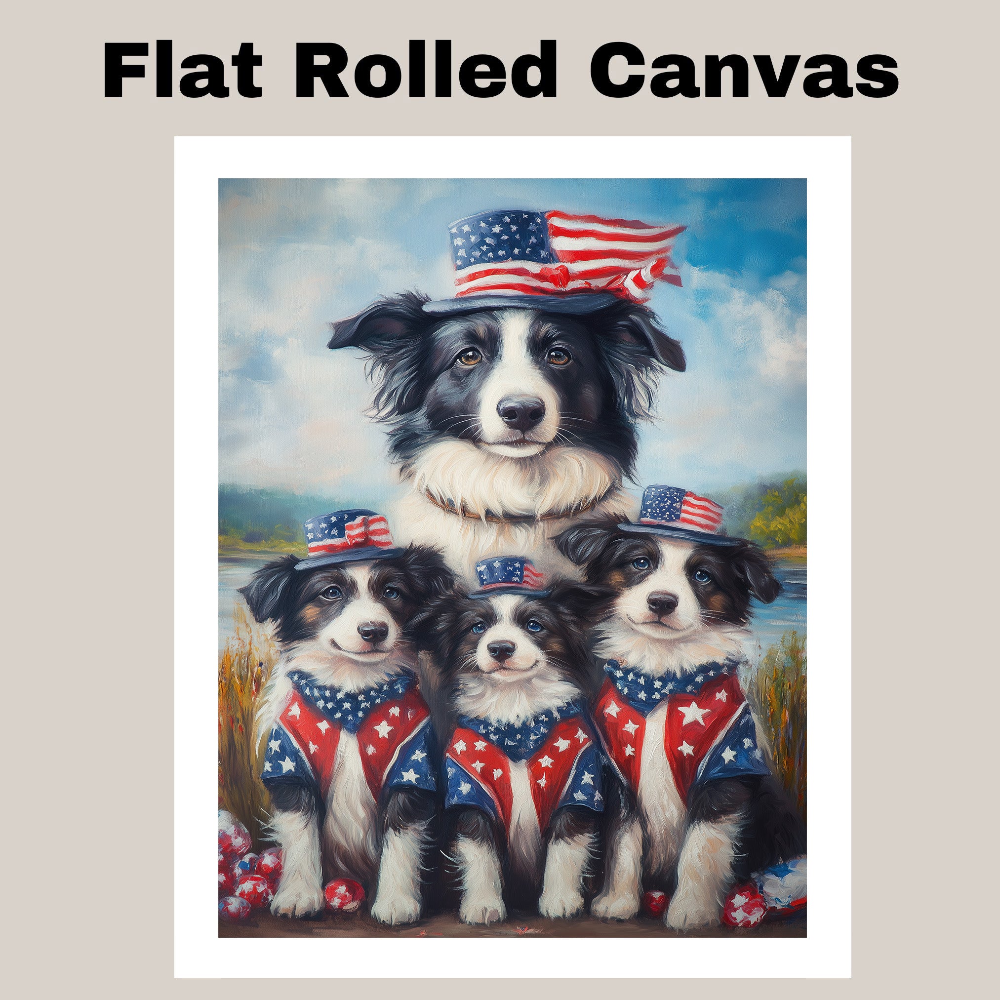 Border Collie Mother and Three Puppies in Patriotic Outfits Near Lake with American Flag Theme and Blue Sky Background on Ready to Hang 1.5" Thick Canvas Wrap, Floating Framed Canvas, Flat Rolled Canvas