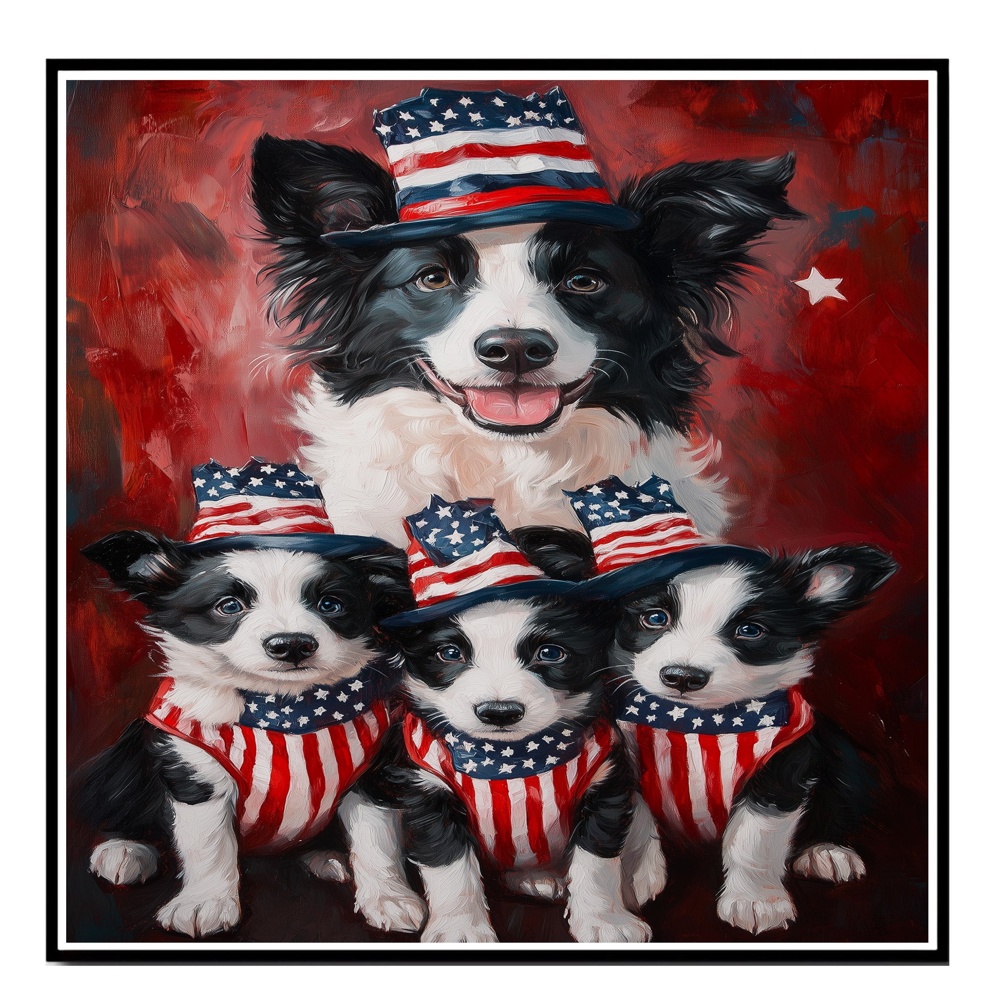 Border Collie Mother with Three Puppies in Patriotic Outfits and Hats in Front of American Flag and Red Flowers on Ready to Hang 1.5" Thick Canvas Wrap, Floating Framed Canvas, Flat Rolled Canvas
