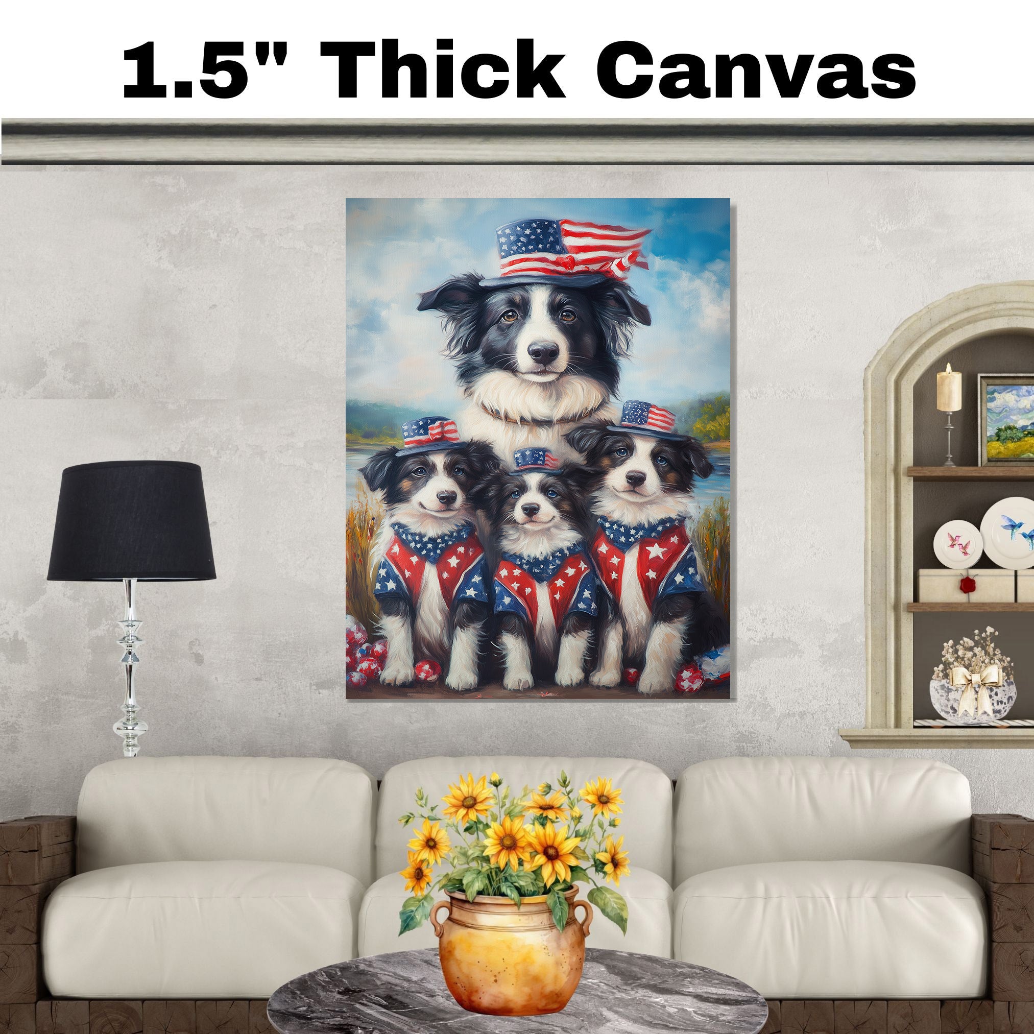 Border Collie Mother and Three Puppies in Patriotic Outfits Near Lake with American Flag Theme and Blue Sky Background on Ready to Hang 1.5" Thick Canvas Wrap, Floating Framed Canvas, Flat Rolled Canvas