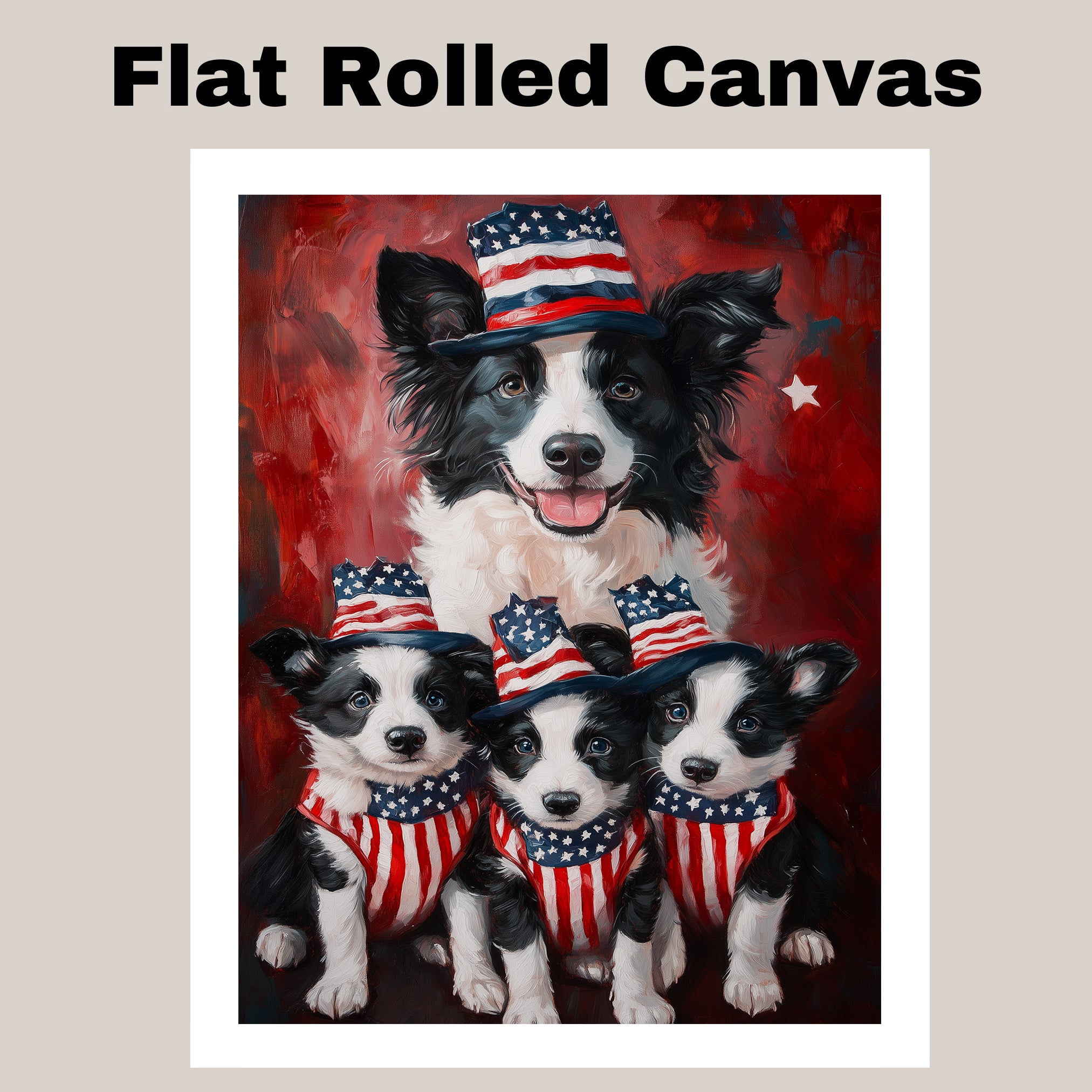 Border Collie Mother with Three Puppies in Patriotic Outfits and Hats in Front of American Flag and Red Flowers on Ready to Hang 1.5" Thick Canvas Wrap, Floating Framed Canvas, Flat Rolled Canvas