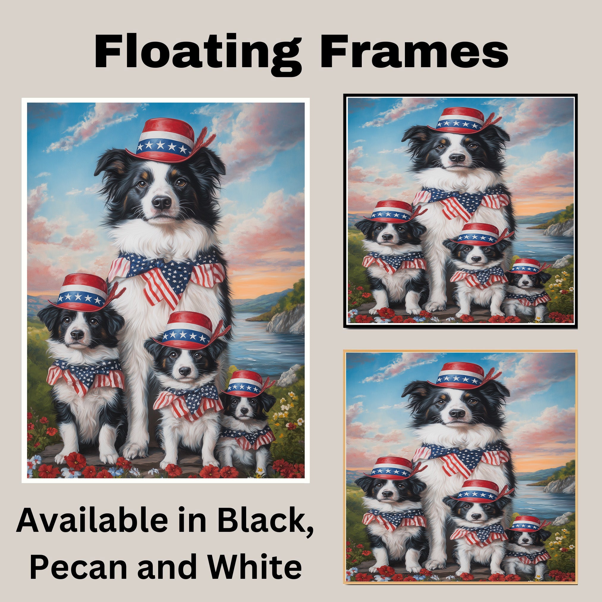 Border Collie Mother with Three Puppies in Patriotic Hats and Bows by River at Sunset with Floral Landscape on Ready to Hang 1.5" Thick Canvas Wrap, Floating Framed Canvas, Flat Rolled Canvas