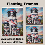 Border Collie Mother with Three Puppies in Patriotic Hats and Bows by River at Sunset with Floral Landscape on Ready to Hang 1.5" Thick Canvas Wrap, Floating Framed Canvas, Flat Rolled Canvas