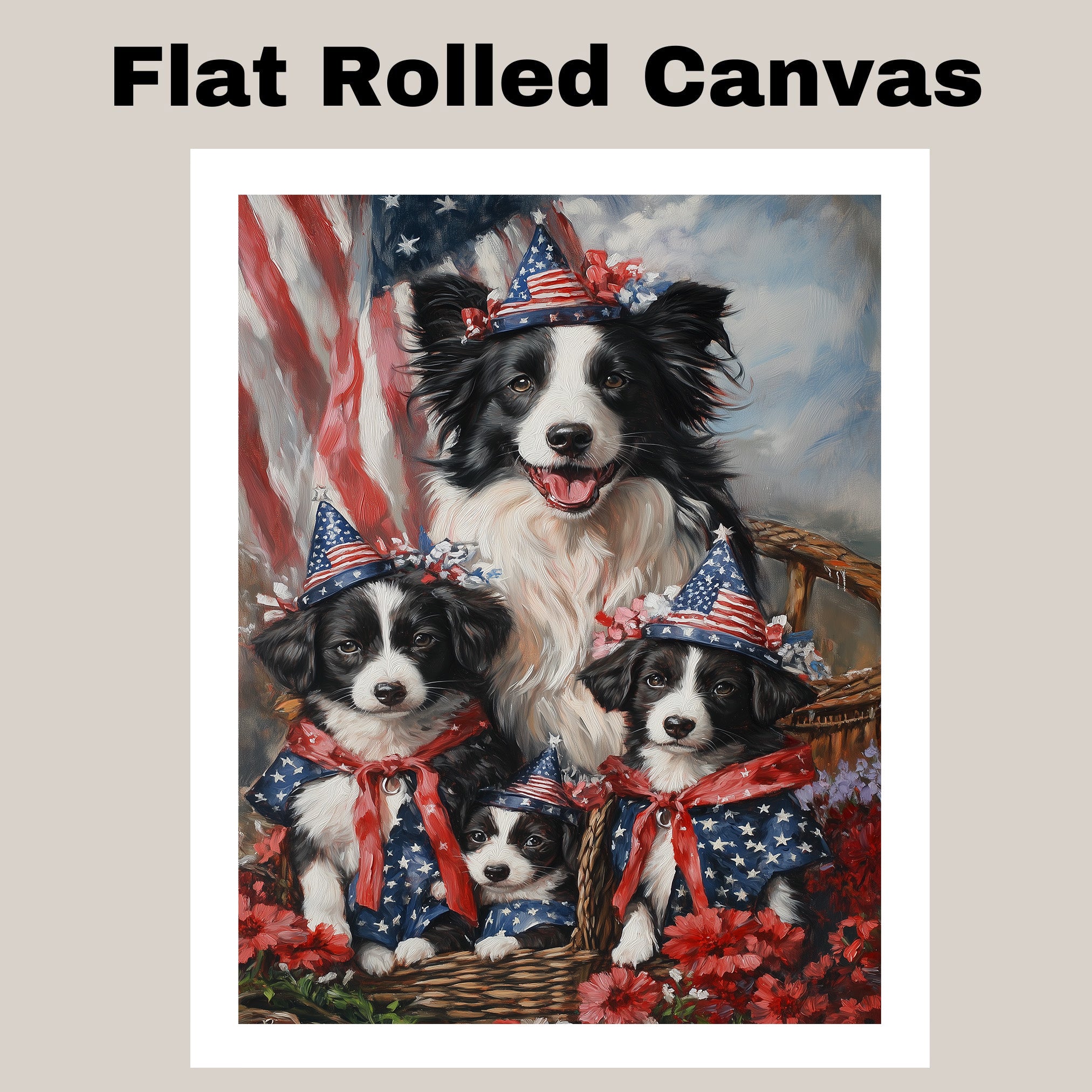 Border Collie Mother with Three Puppies in Patriotic Outfits and Hats Against Bold Red Starry Background on Ready to Hang 1.5" Thick Canvas Wrap, Floating Framed Canvas, Flat Rolled Canvas