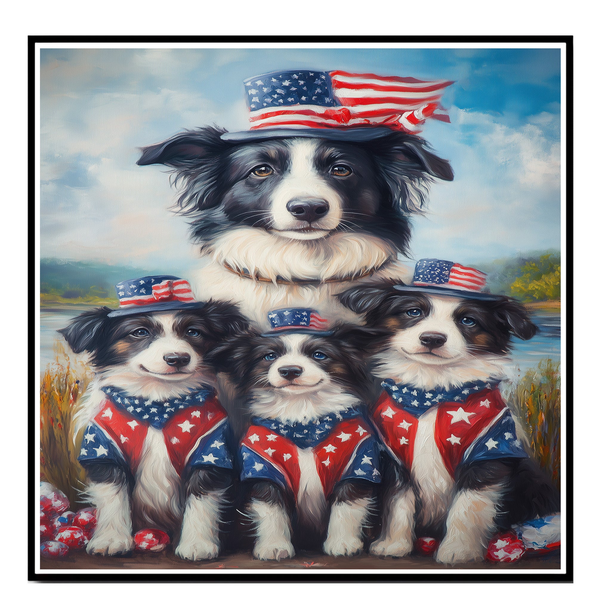 Border Collie Mother and Three Puppies in Patriotic Outfits Near Lake with American Flag Theme and Blue Sky Background on Ready to Hang 1.5" Thick Canvas Wrap, Floating Framed Canvas, Flat Rolled Canvas
