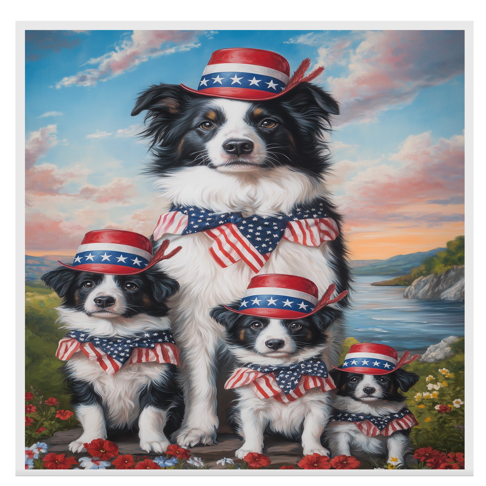 Border Collie Mother with Three Puppies in Patriotic Hats and Bows by River at Sunset with Floral Landscape on Ready to Hang 1.5" Thick Canvas Wrap, Floating Framed Canvas, Flat Rolled Canvas