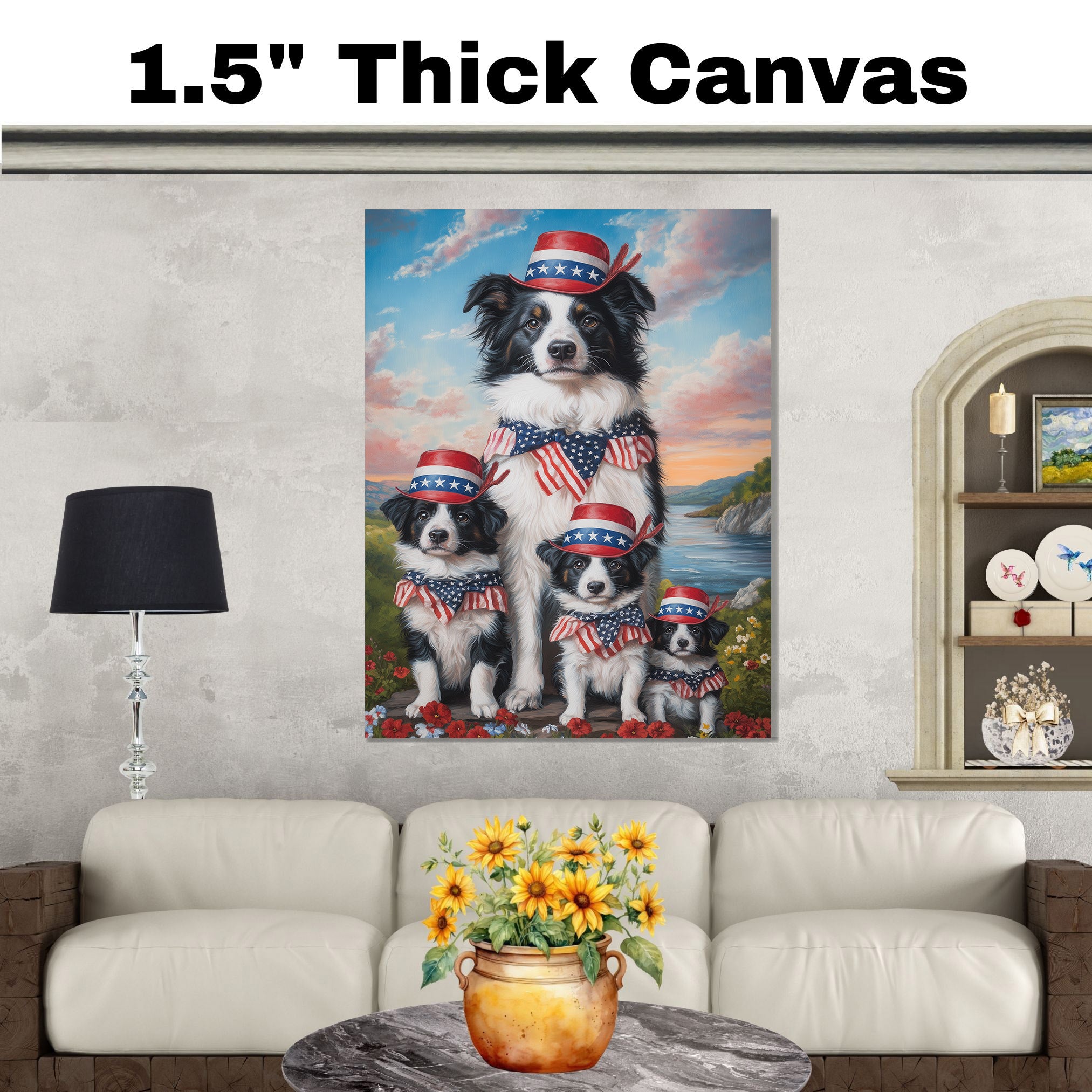 Border Collie Mother with Three Puppies in Patriotic Hats and Bows by River at Sunset with Floral Landscape on Ready to Hang 1.5" Thick Canvas Wrap, Floating Framed Canvas, Flat Rolled Canvas