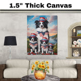 Border Collie Mother with Three Puppies in Patriotic Hats and Bows by River at Sunset with Floral Landscape on Ready to Hang 1.5" Thick Canvas Wrap, Floating Framed Canvas, Flat Rolled Canvas