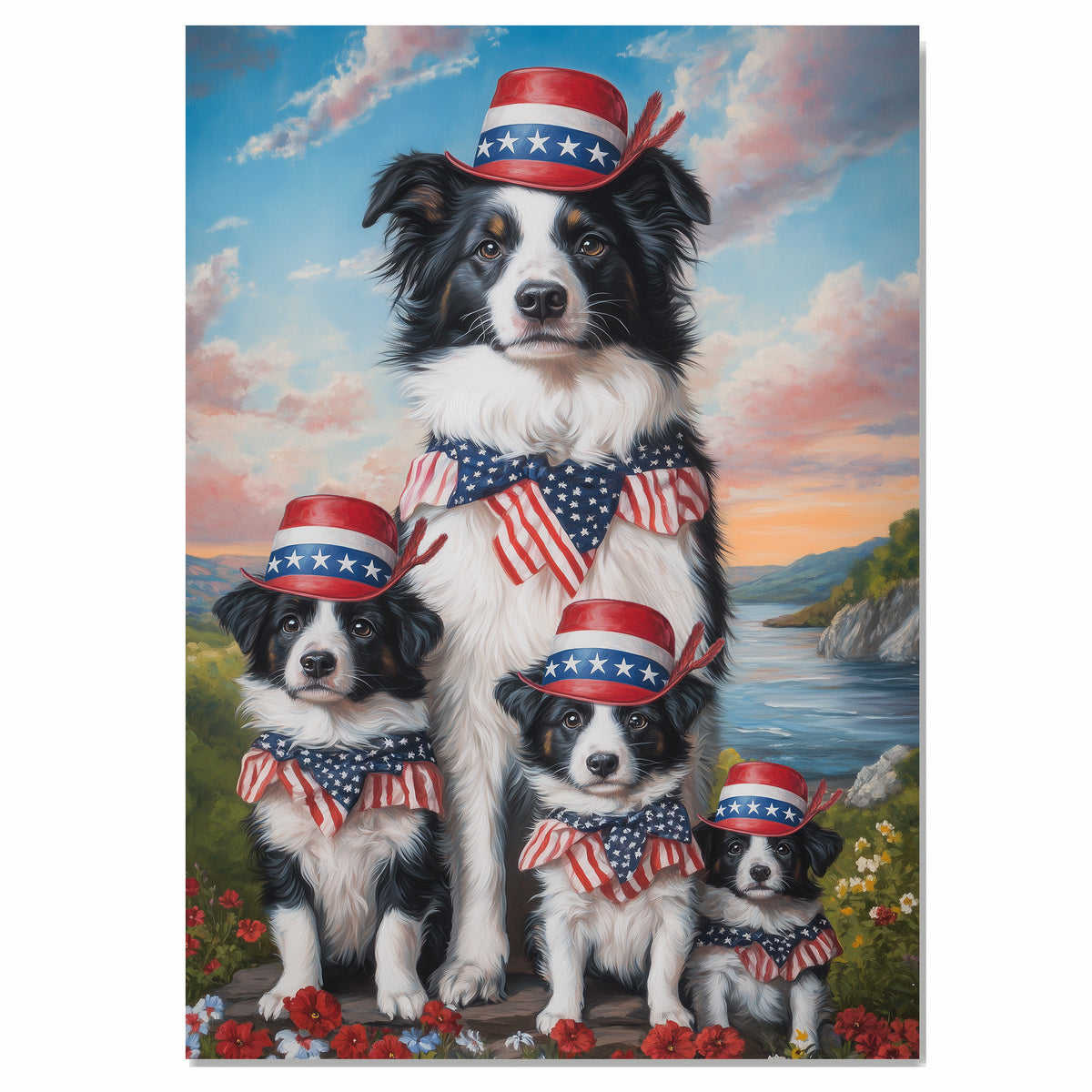 Border Collie Mother with Three Puppies in Patriotic Hats and Bows by River at Sunset with Floral Landscape on Ready to Hang 1.5" Thick Canvas Wrap, Floating Framed Canvas, Flat Rolled Canvas