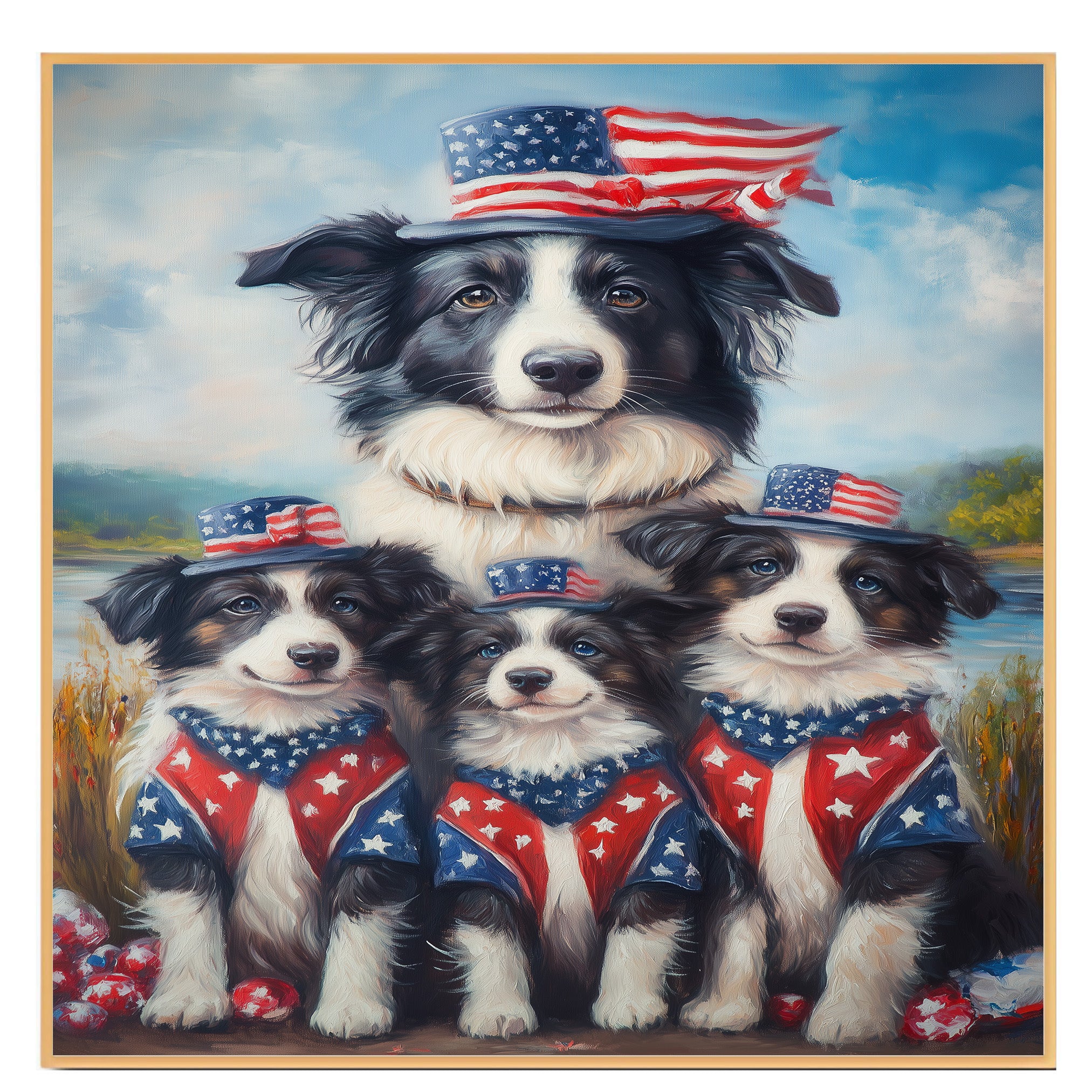 Border Collie Mother and Three Puppies in Patriotic Outfits Near Lake with American Flag Theme and Blue Sky Background on Ready to Hang 1.5" Thick Canvas Wrap, Floating Framed Canvas, Flat Rolled Canvas