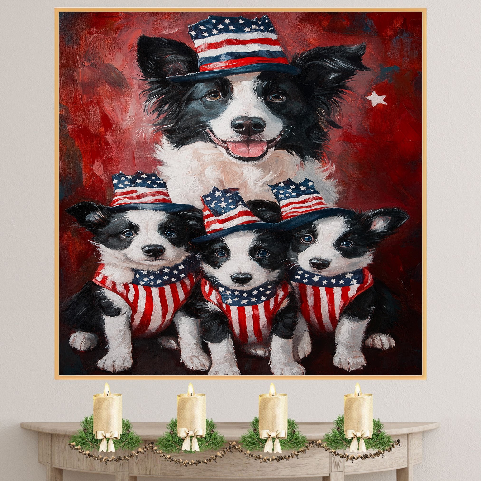 Border Collie Mother with Three Puppies in Patriotic Outfits and Hats in Front of American Flag and Red Flowers on Ready to Hang 1.5" Thick Canvas Wrap, Floating Framed Canvas, Flat Rolled Canvas