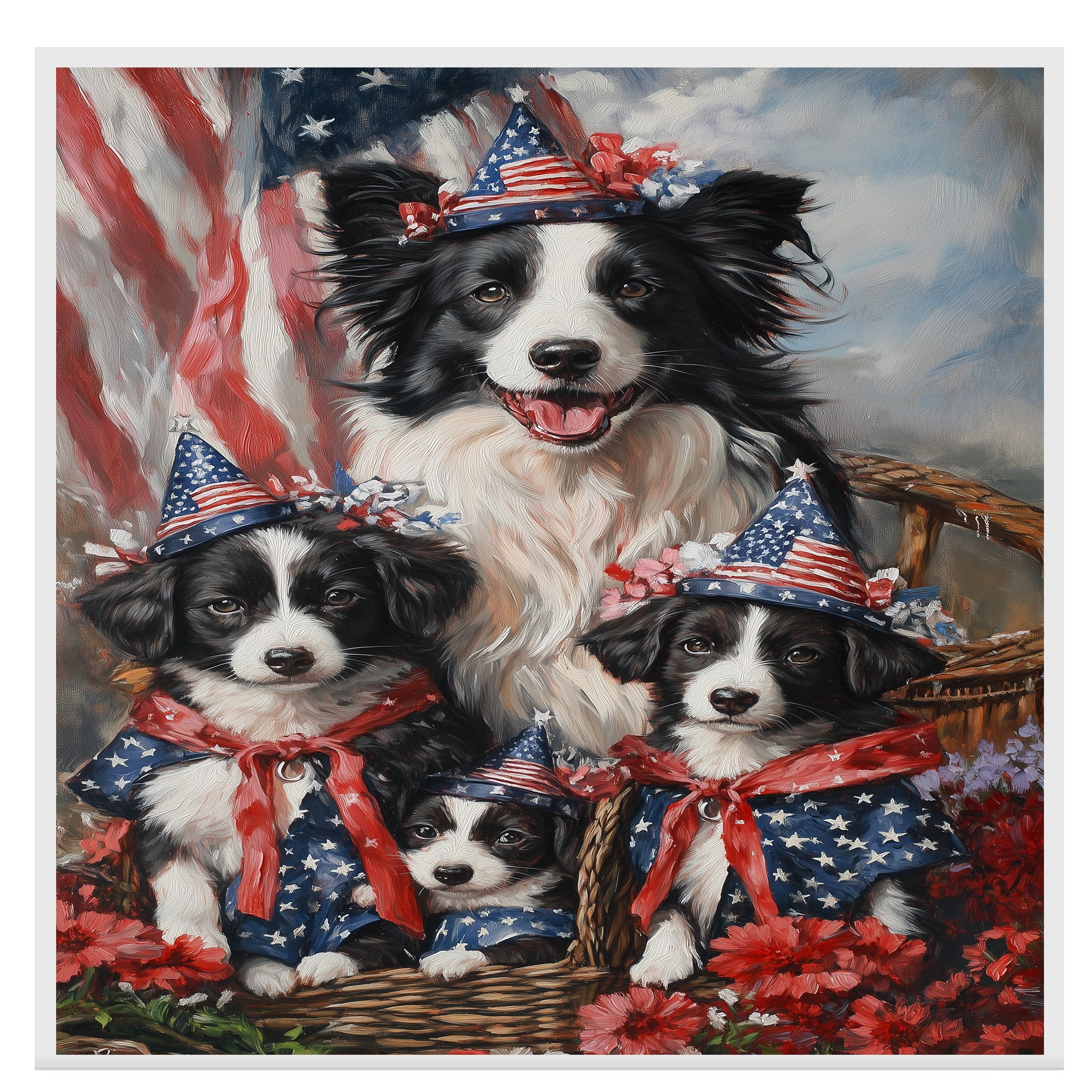 Border Collie Mother with Three Puppies in Patriotic Outfits and Hats Against Bold Red Starry Background on Ready to Hang 1.5" Thick Canvas Wrap, Floating Framed Canvas, Flat Rolled Canvas