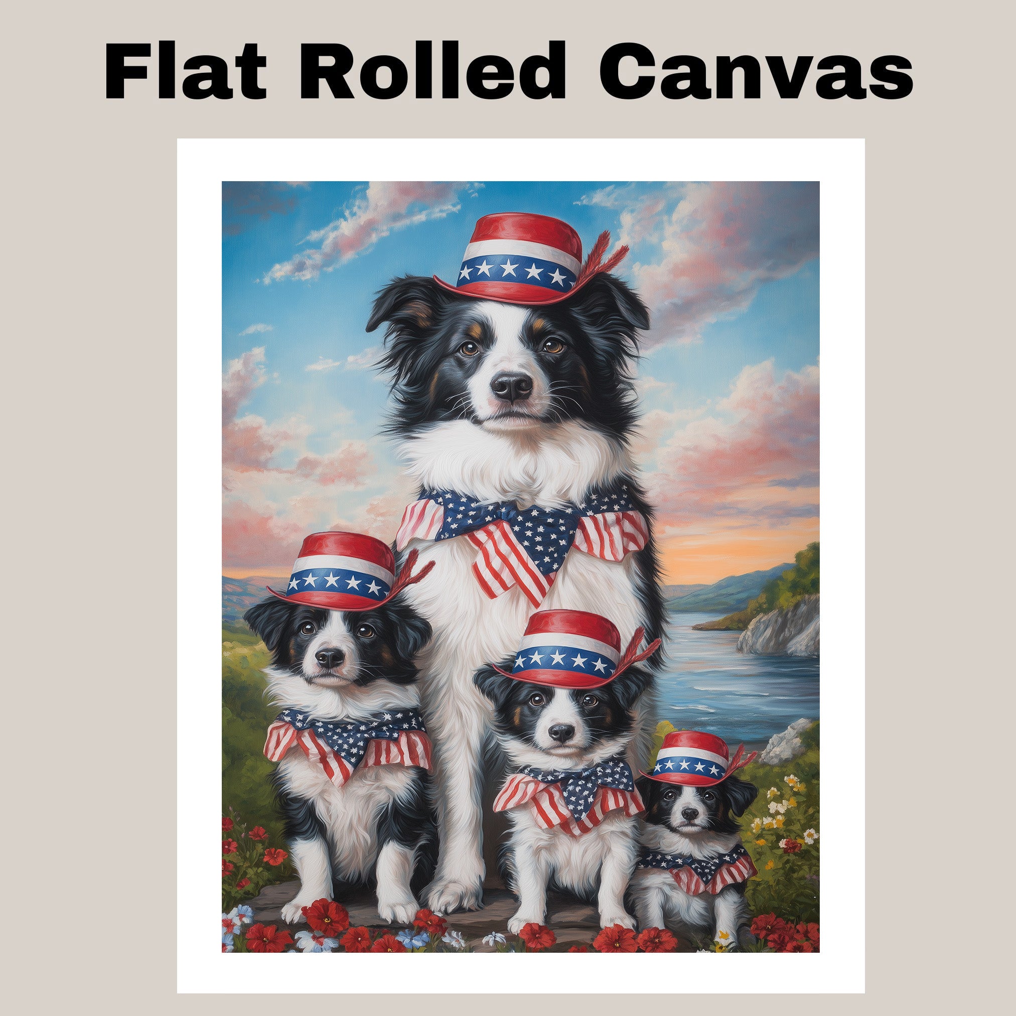 Border Collie Mother with Three Puppies in Patriotic Hats and Bows by River at Sunset with Floral Landscape on Ready to Hang 1.5" Thick Canvas Wrap, Floating Framed Canvas, Flat Rolled Canvas