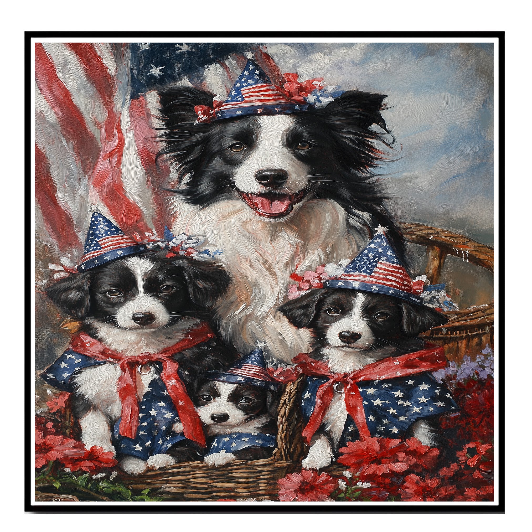 Border Collie Mother with Three Puppies in Patriotic Outfits and Hats Against Bold Red Starry Background on Ready to Hang 1.5" Thick Canvas Wrap, Floating Framed Canvas, Flat Rolled Canvas