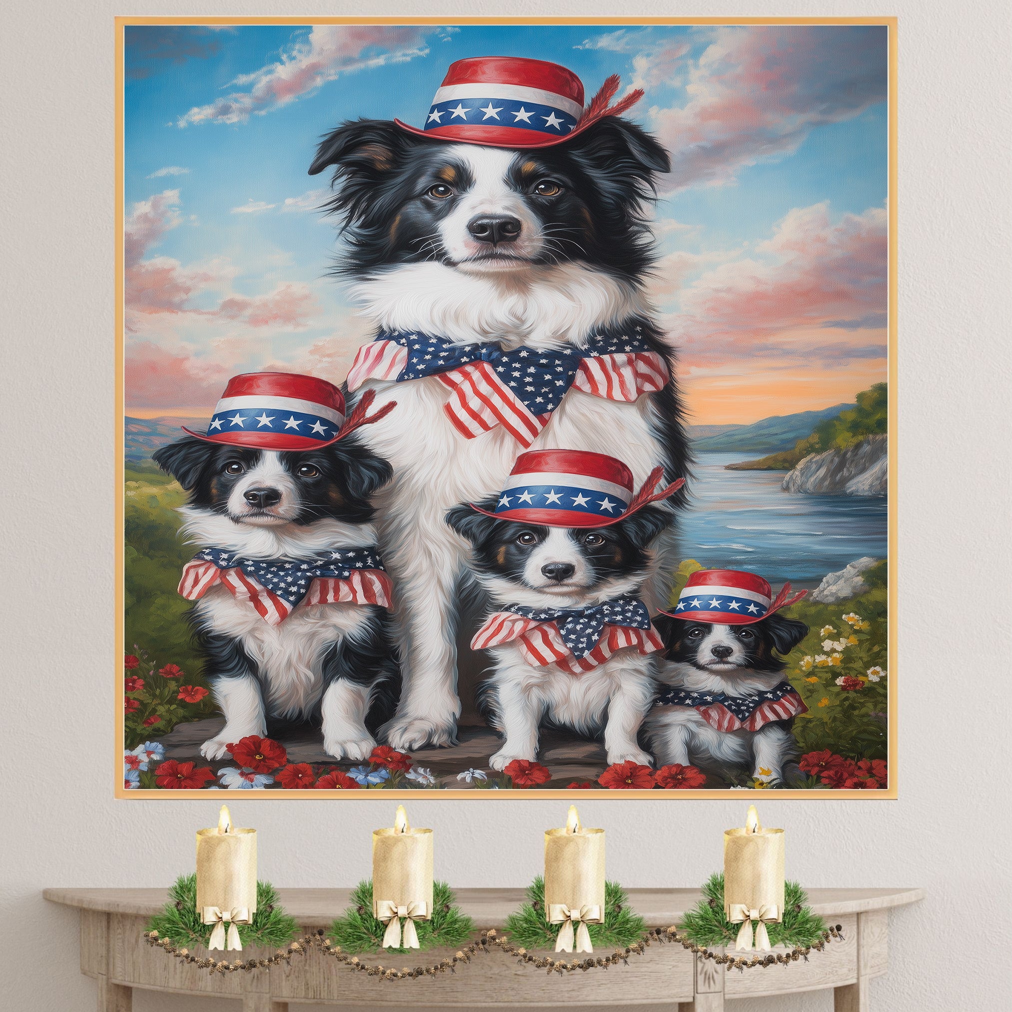 Border Collie Mother with Three Puppies in Patriotic Hats and Bows by River at Sunset with Floral Landscape on Ready to Hang 1.5" Thick Canvas Wrap, Floating Framed Canvas, Flat Rolled Canvas