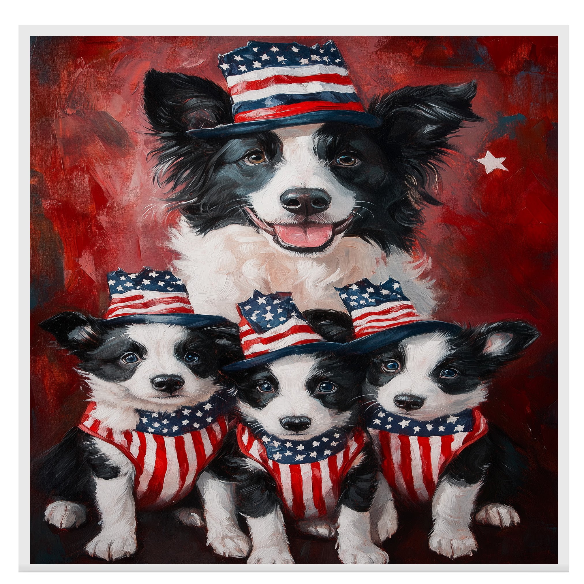 Border Collie Mother with Three Puppies in Patriotic Outfits and Hats in Front of American Flag and Red Flowers on Ready to Hang 1.5" Thick Canvas Wrap, Floating Framed Canvas, Flat Rolled Canvas