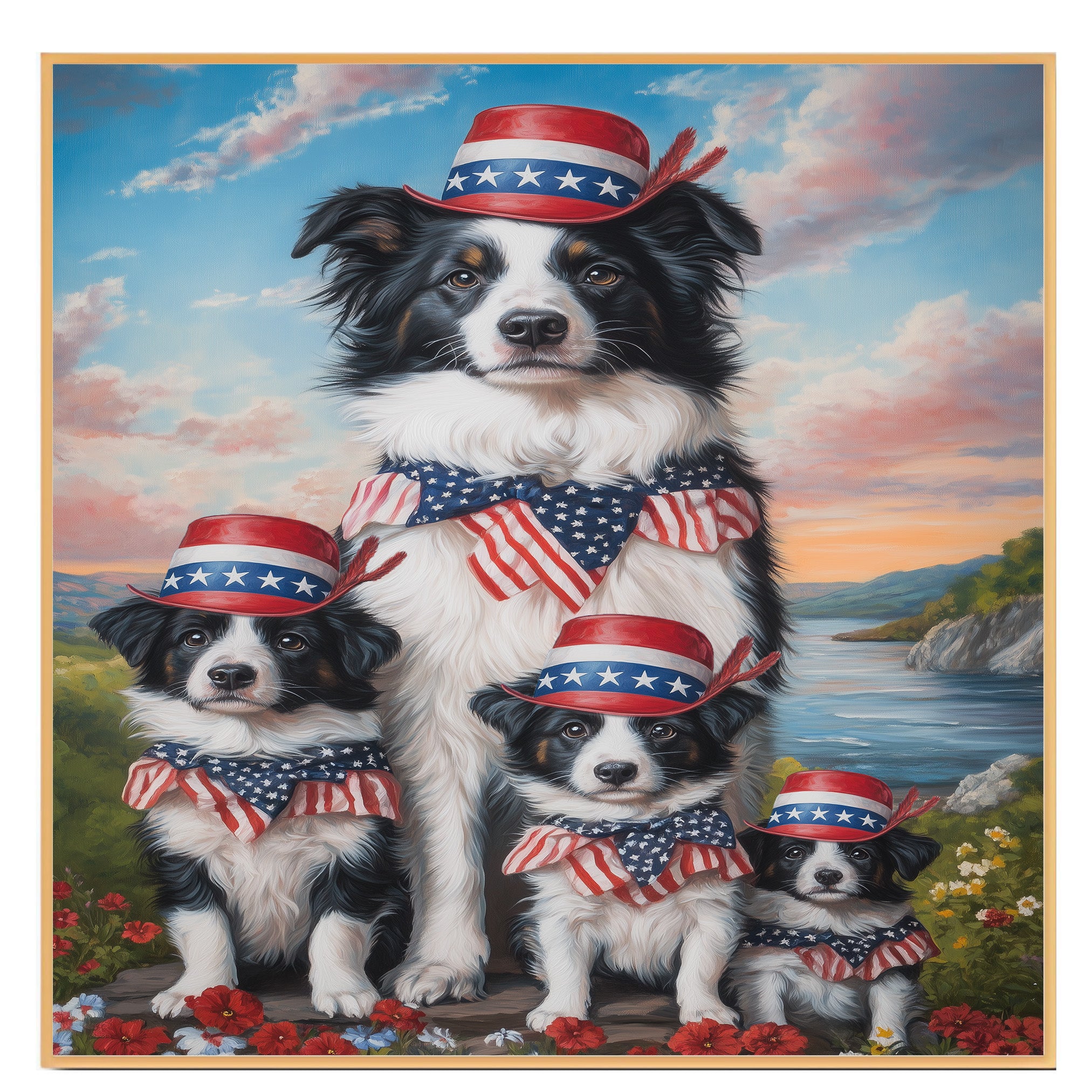 Border Collie Mother with Three Puppies in Patriotic Hats and Bows by River at Sunset with Floral Landscape on Ready to Hang 1.5" Thick Canvas Wrap, Floating Framed Canvas, Flat Rolled Canvas