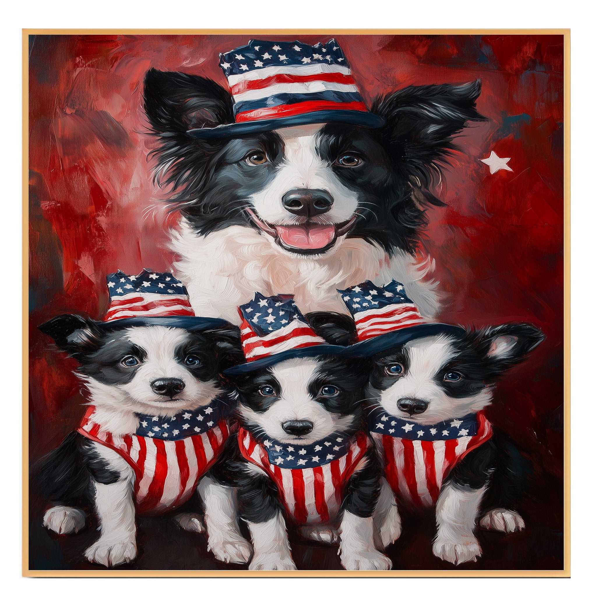 Border Collie Mother with Three Puppies in Patriotic Outfits and Hats in Front of American Flag and Red Flowers on Ready to Hang 1.5" Thick Canvas Wrap, Floating Framed Canvas, Flat Rolled Canvas