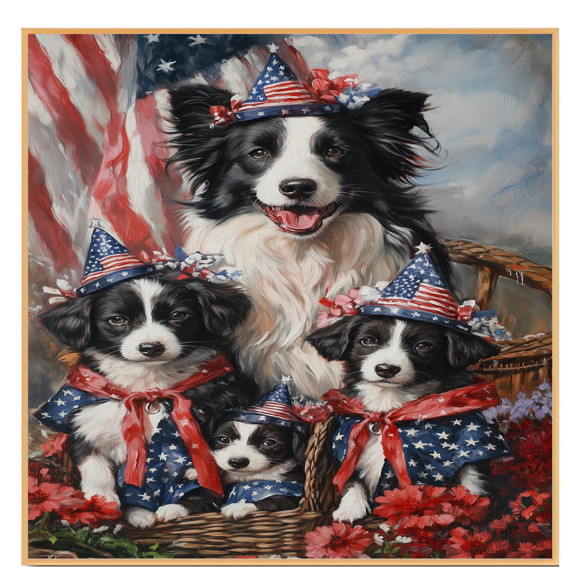 Border Collie Mother with Three Puppies in Patriotic Outfits and Hats Against Bold Red Starry Background on Ready to Hang 1.5" Thick Canvas Wrap, Floating Framed Canvas, Flat Rolled Canvas