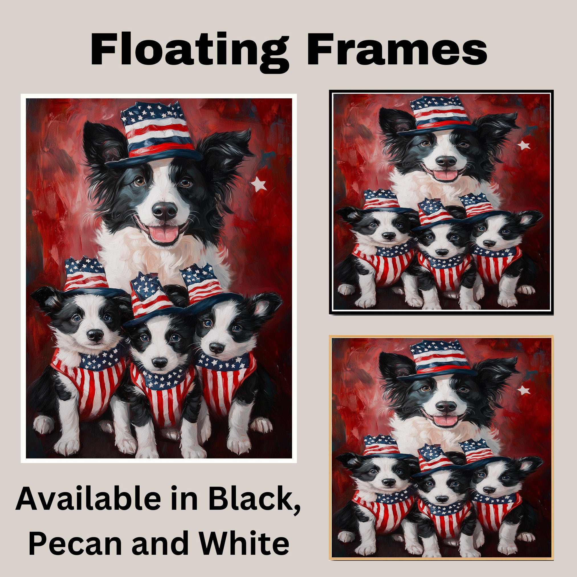 Border Collie Mother with Three Puppies in Patriotic Outfits and Hats in Front of American Flag and Red Flowers on Ready to Hang 1.5" Thick Canvas Wrap, Floating Framed Canvas, Flat Rolled Canvas