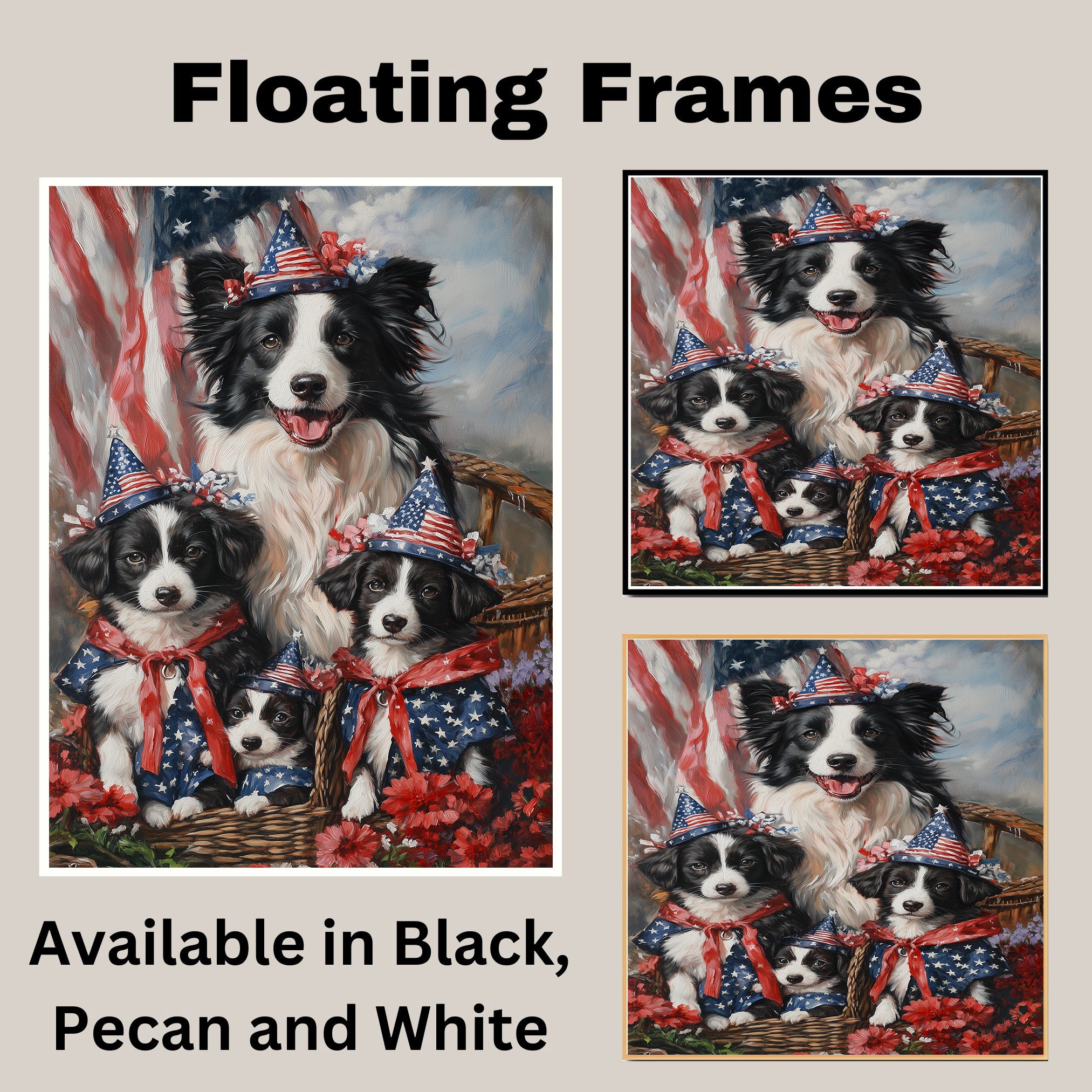 Border Collie Mother with Three Puppies in Patriotic Outfits and Hats Against Bold Red Starry Background on Ready to Hang 1.5" Thick Canvas Wrap, Floating Framed Canvas, Flat Rolled Canvas