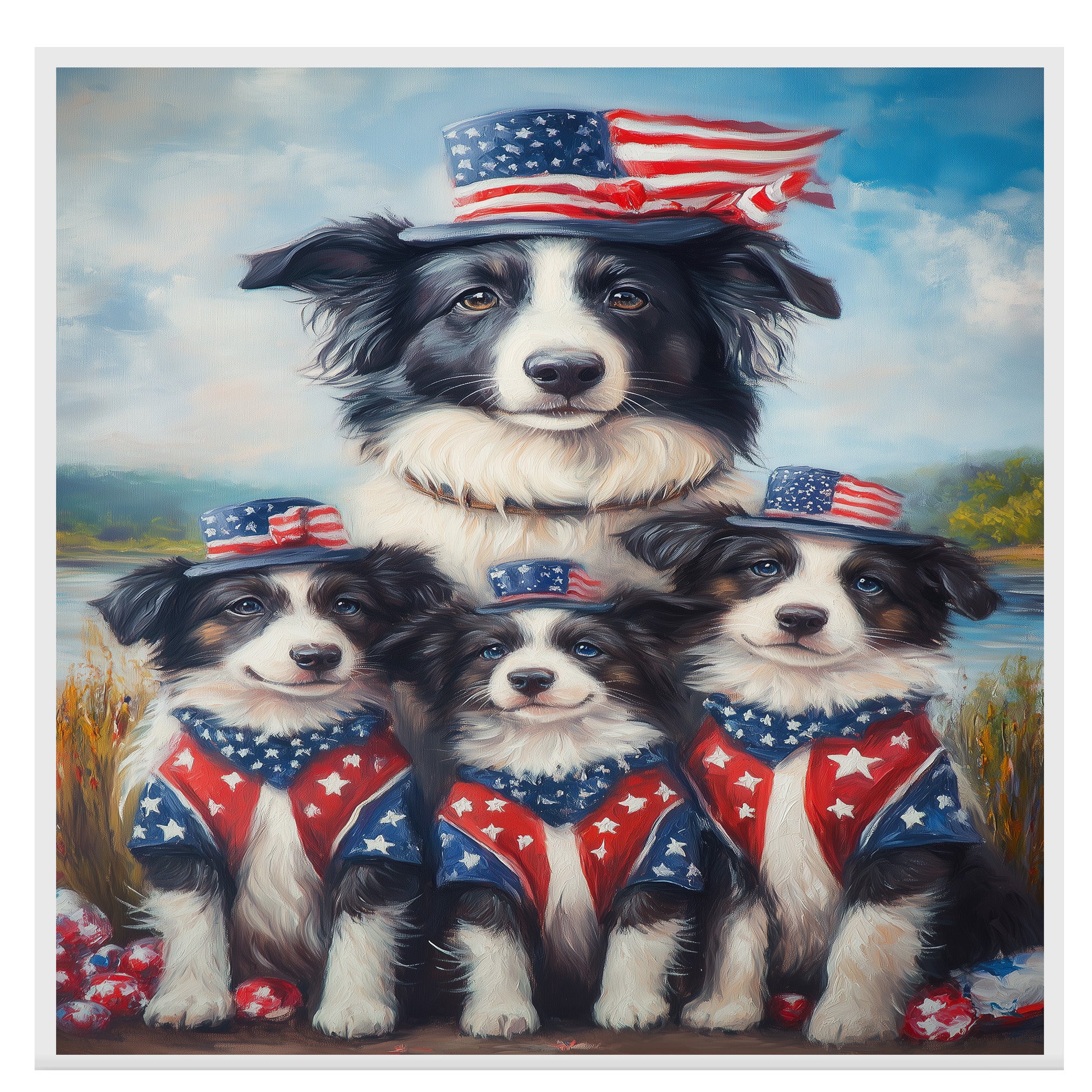 Border Collie Mother and Three Puppies in Patriotic Outfits Near Lake with American Flag Theme and Blue Sky Background on Ready to Hang 1.5" Thick Canvas Wrap, Floating Framed Canvas, Flat Rolled Canvas