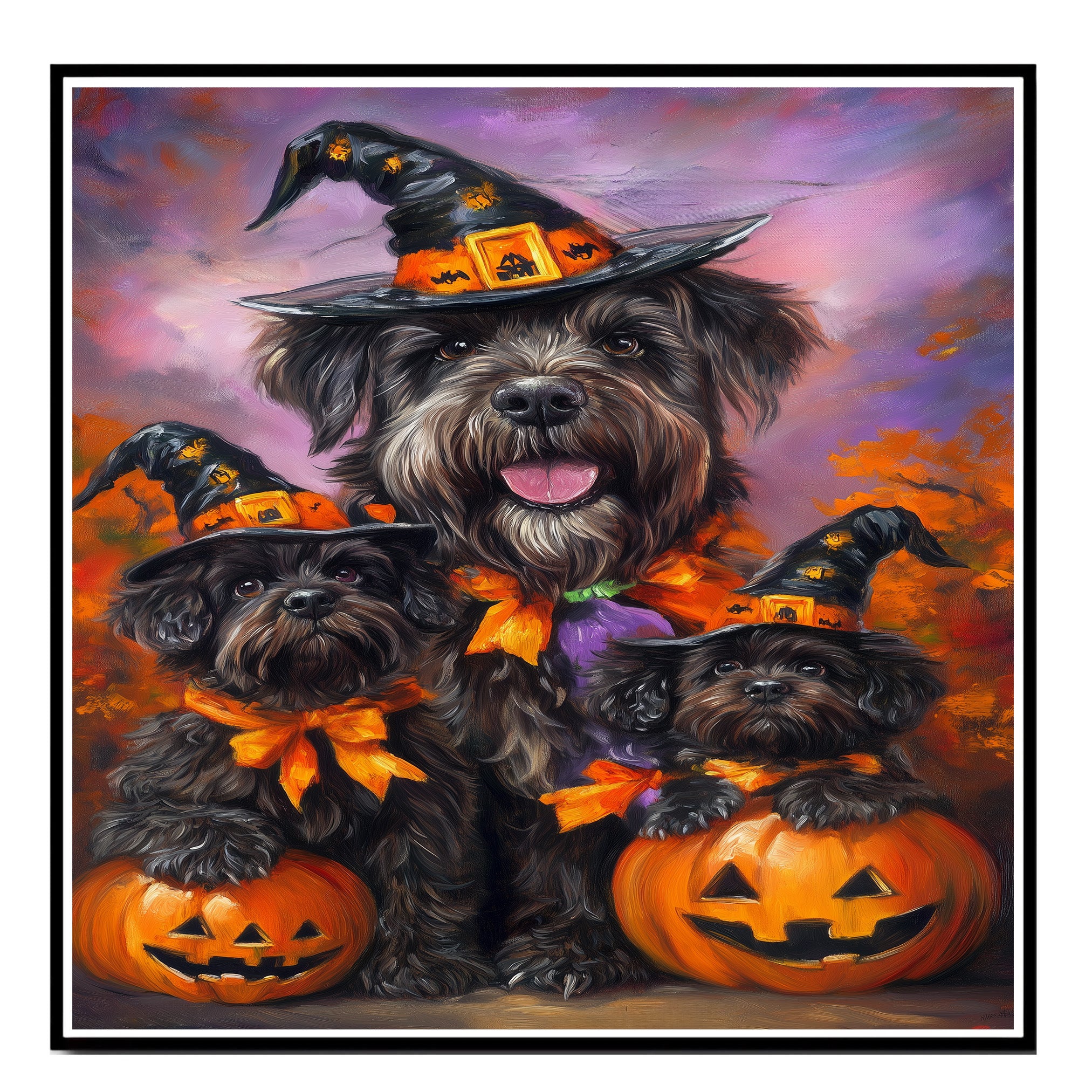 Bouvier des Flandres Halloween Canvas Wall Art with Pumpkins and Witch Hat Rustic Fall Decoration for Dining Rooms on Ready to Hang 1.5" Thick Canvas Wrap, Floating Framed Canvas, Flat Rolled Canvas