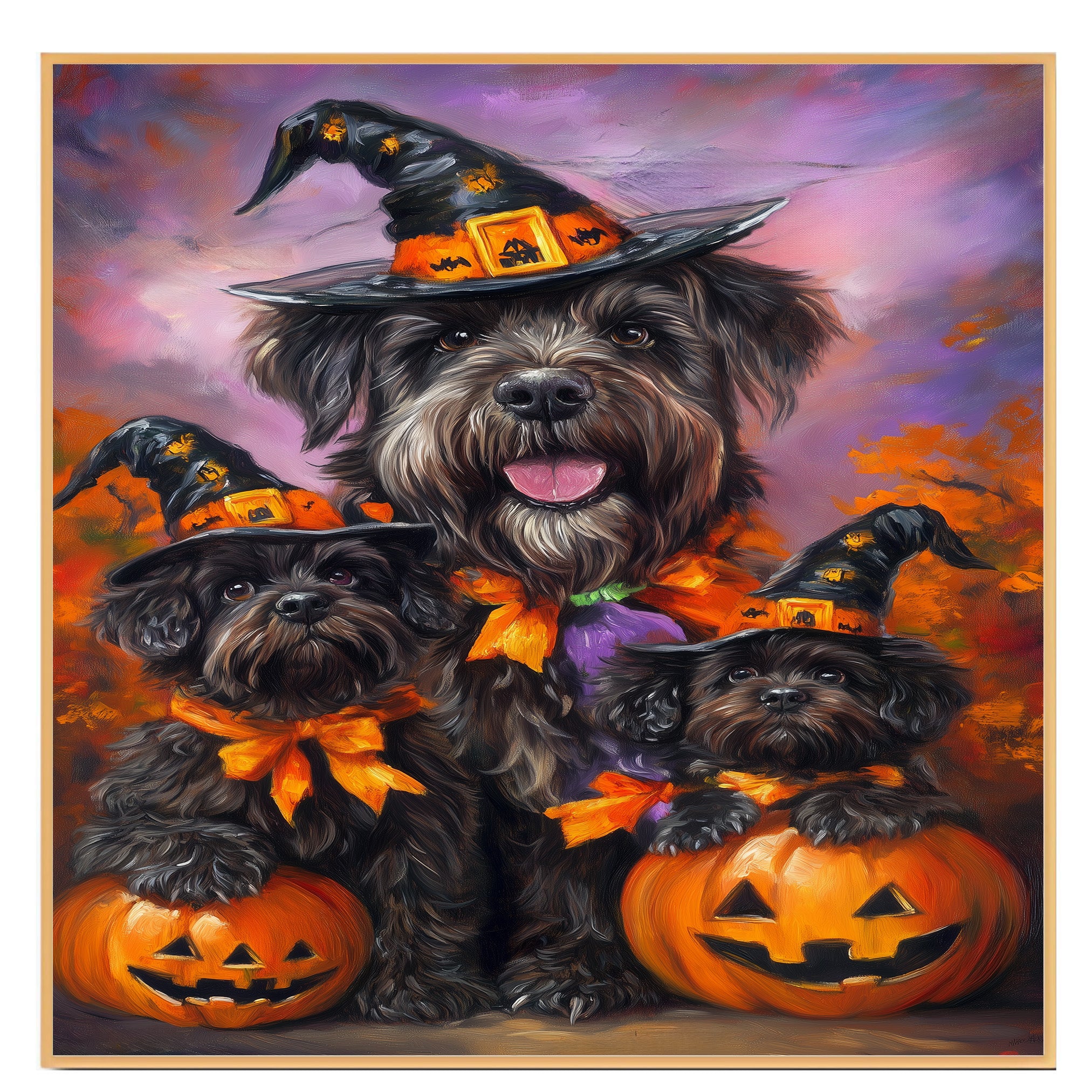 Bouvier des Flandres Halloween Canvas Wall Art with Pumpkins and Witch Hat Rustic Fall Decoration for Dining Rooms on Ready to Hang 1.5" Thick Canvas Wrap, Floating Framed Canvas, Flat Rolled Canvas