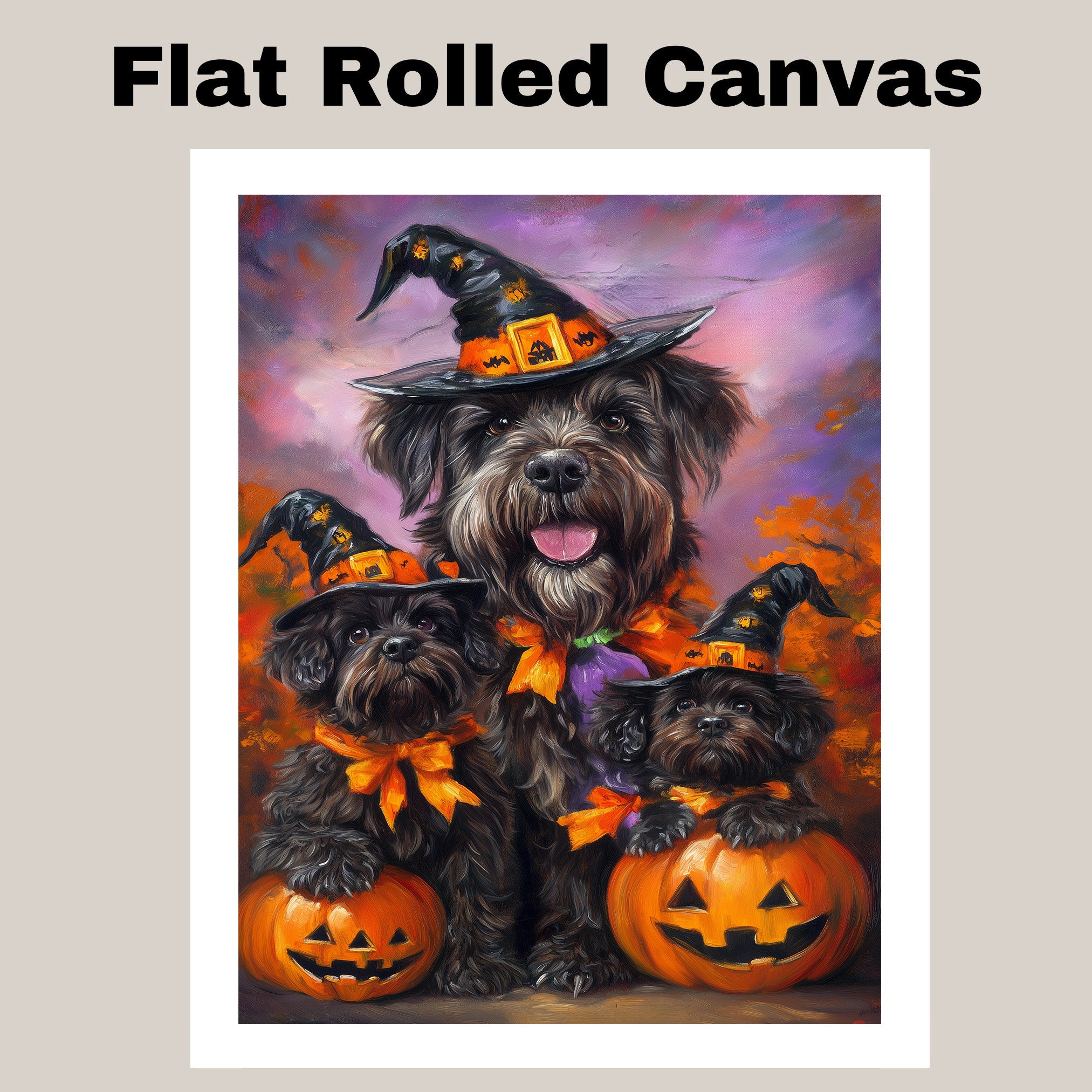 Bouvier des Flandres Halloween Canvas Wall Art with Pumpkins and Witch Hat Rustic Fall Decoration for Dining Rooms on Ready to Hang 1.5" Thick Canvas Wrap, Floating Framed Canvas, Flat Rolled Canvas