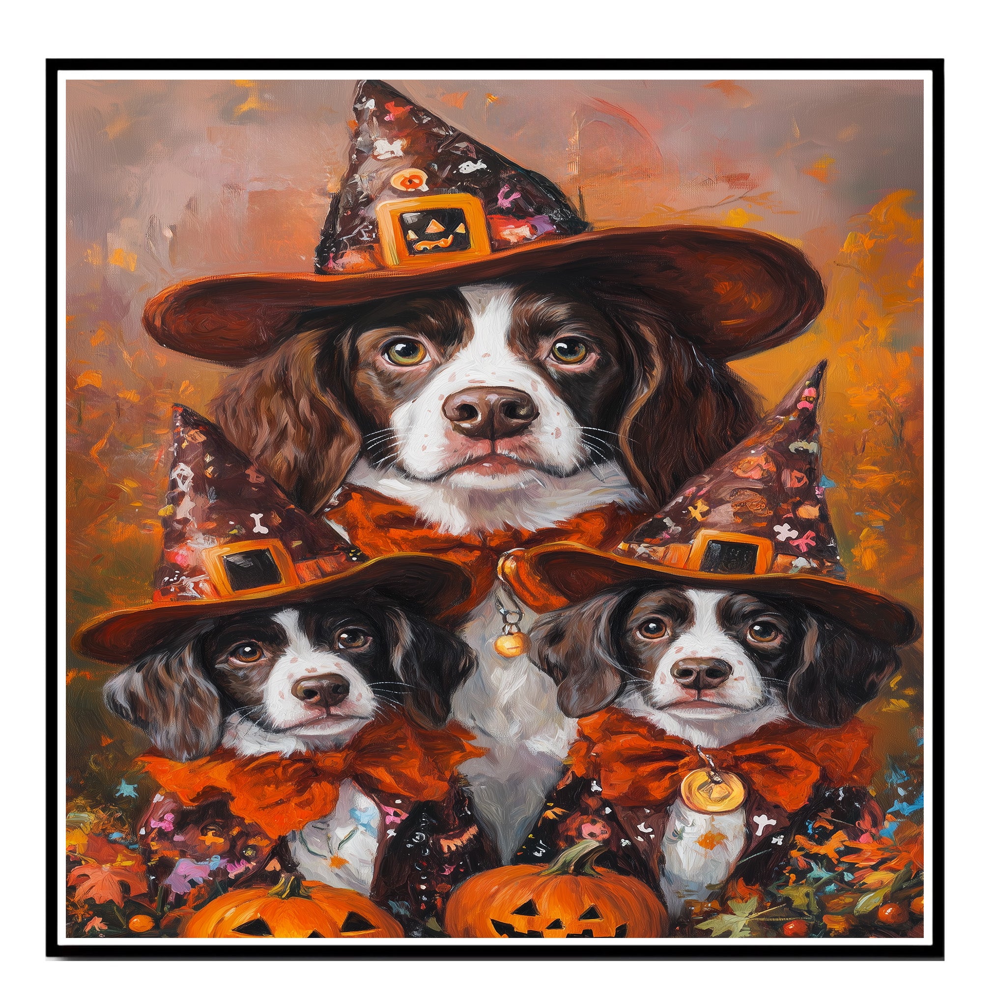 Brittany Spaniel Dog Halloween Canvas Wall Art with Pumpkins and Witch Hats Rustic Fall Accent for Cozy Autumn Homes on Ready to Hang 1.5" Thick Canvas Wrap, Floating Framed Canvas, Flat Rolled Canvas