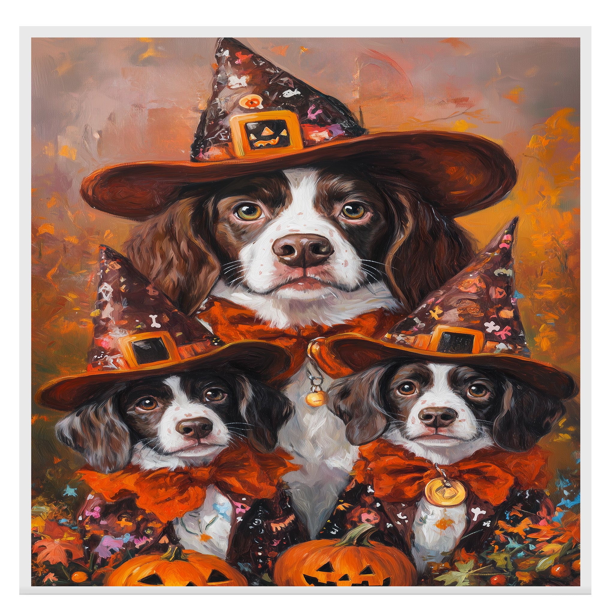 Brittany Spaniel Dog Halloween Canvas Wall Art with Pumpkins and Witch Hats Rustic Fall Accent for Cozy Autumn Homes on Ready to Hang 1.5" Thick Canvas Wrap, Floating Framed Canvas, Flat Rolled Canvas