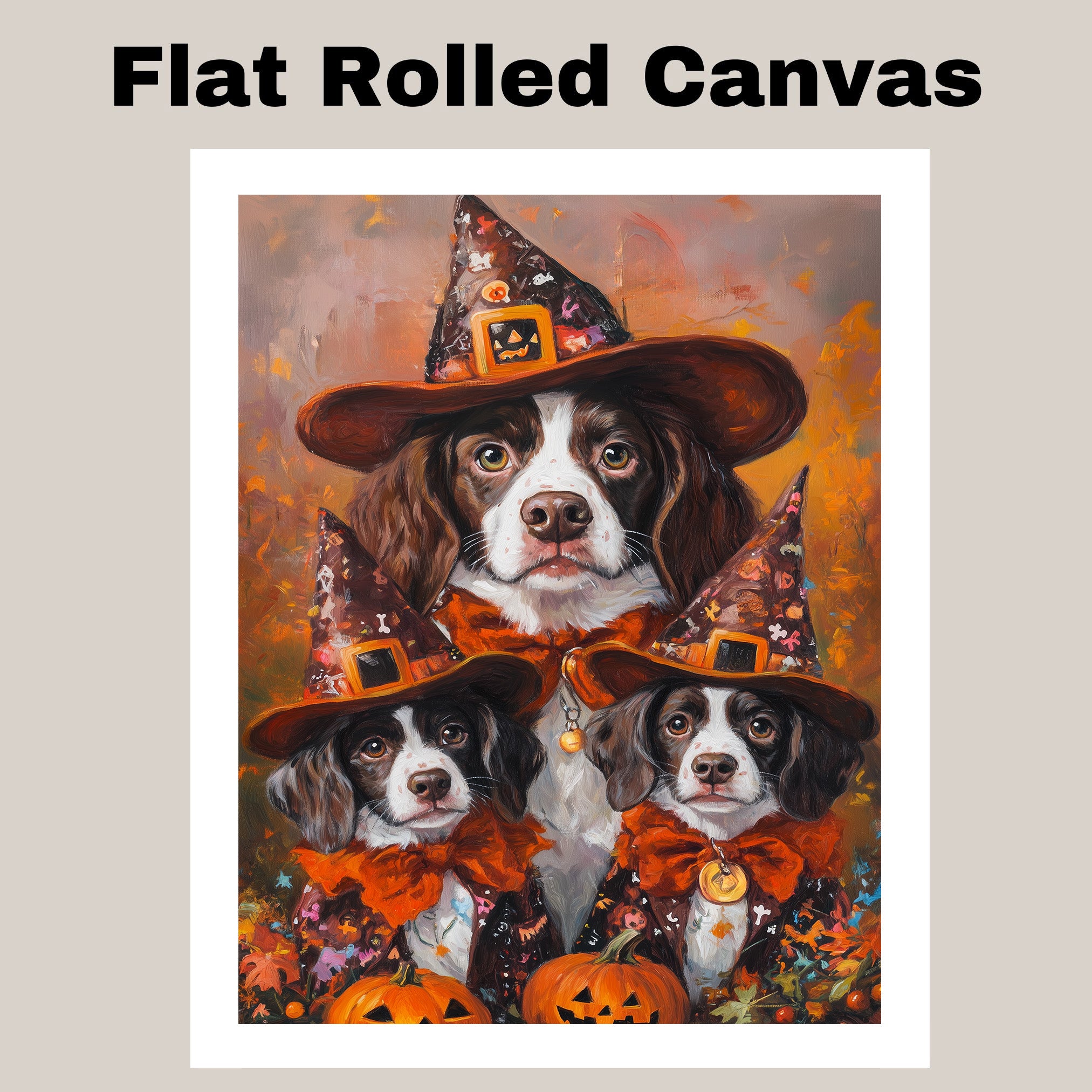 Brittany Spaniel Dog Halloween Canvas Wall Art with Pumpkins and Witch Hats Rustic Fall Accent for Cozy Autumn Homes on Ready to Hang 1.5" Thick Canvas Wrap, Floating Framed Canvas, Flat Rolled Canvas