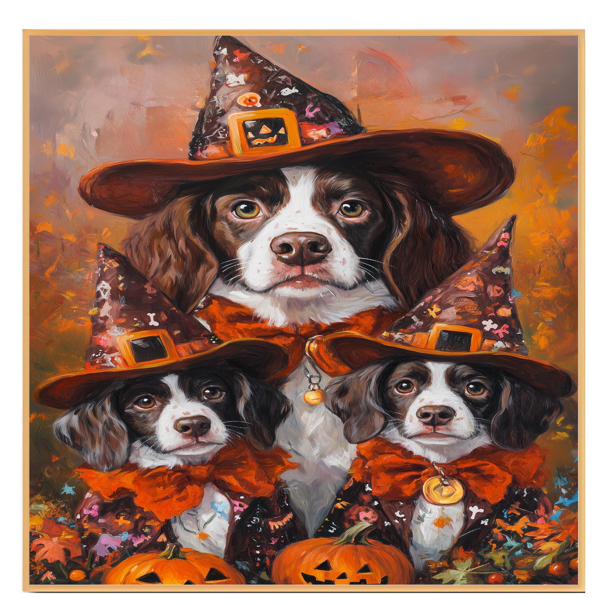 Brittany Spaniel Dog Halloween Canvas Wall Art with Pumpkins and Witch Hats Rustic Fall Accent for Cozy Autumn Homes on Ready to Hang 1.5" Thick Canvas Wrap, Floating Framed Canvas, Flat Rolled Canvas