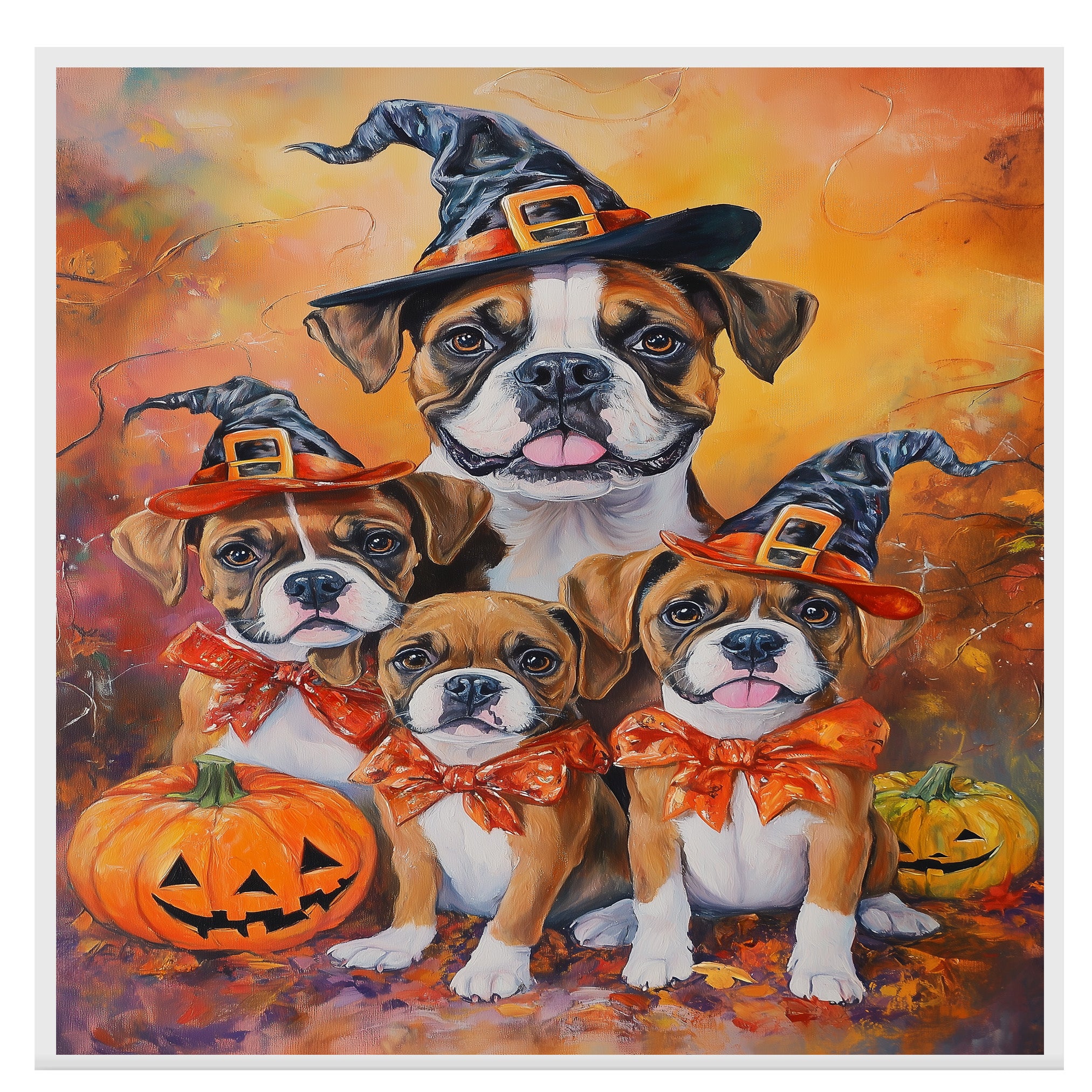 Boxer Dog Halloween Canvas Wall Art with Pumpkins and Witch Hats Rustic Fall Accent for Cozy Farmhouse Homes on Ready to Hang 1.5" Thick Canvas Wrap, Floating Framed Canvas, Flat Rolled Canvas