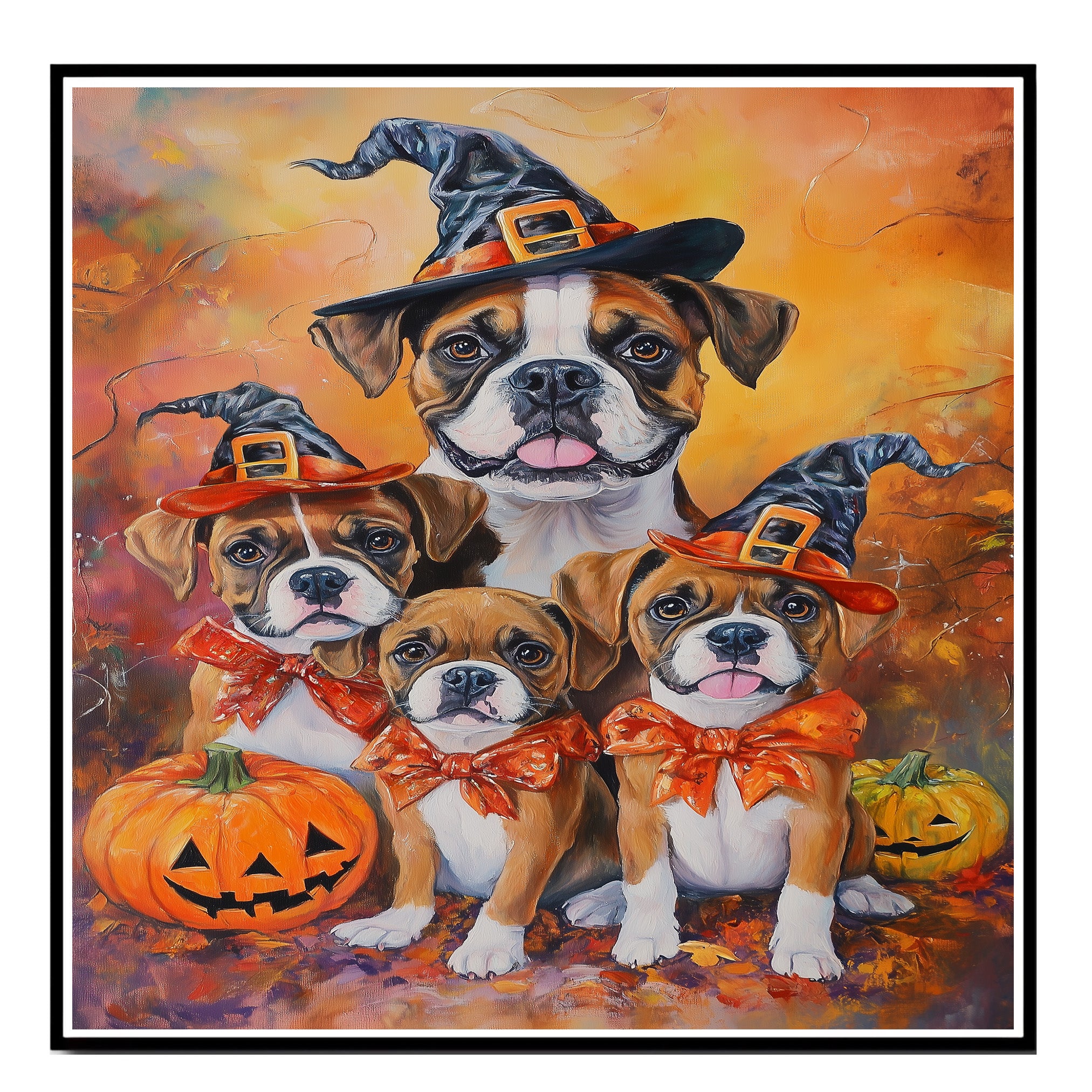 Boxer Dog Halloween Canvas Wall Art with Pumpkins and Witch Hats Rustic Fall Accent for Cozy Farmhouse Homes on Ready to Hang 1.5" Thick Canvas Wrap, Floating Framed Canvas, Flat Rolled Canvas