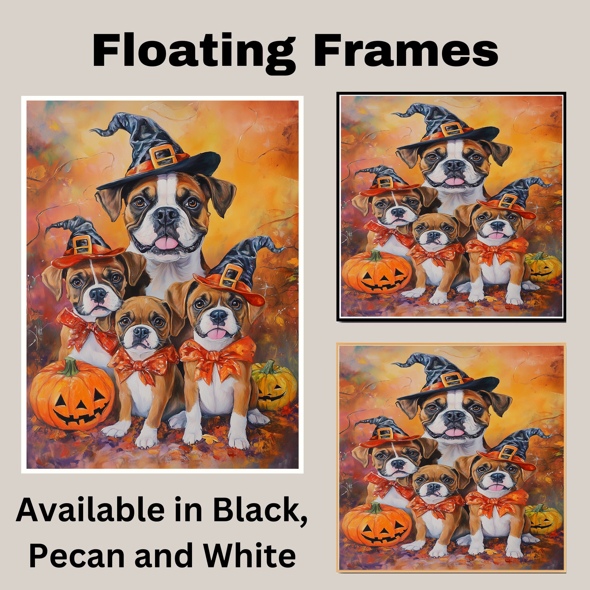 Boxer Dog Halloween Canvas Wall Art with Pumpkins and Witch Hats Rustic Fall Accent for Cozy Farmhouse Homes on Ready to Hang 1.5" Thick Canvas Wrap, Floating Framed Canvas, Flat Rolled Canvas