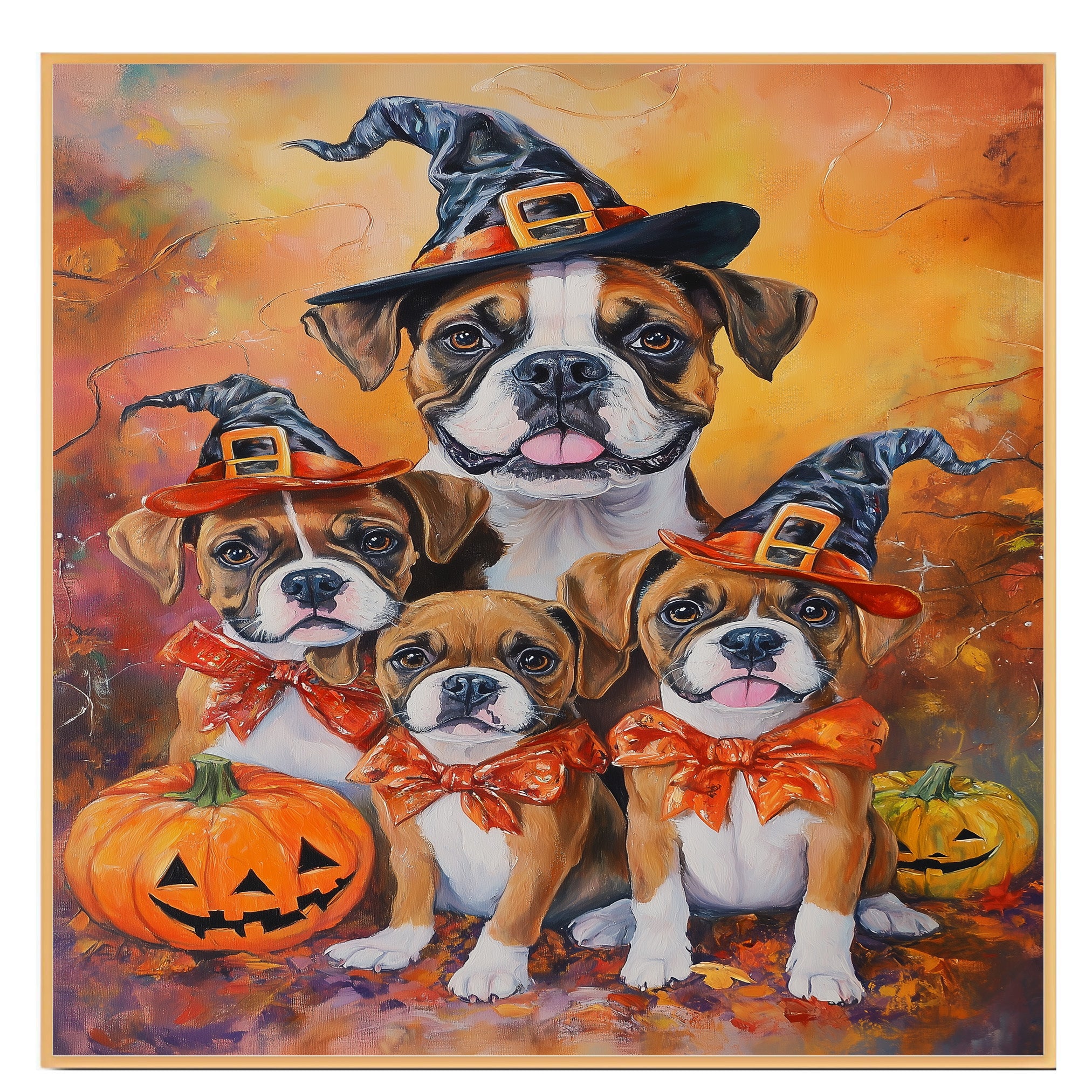 Boxer Dog Halloween Canvas Wall Art with Pumpkins and Witch Hats Rustic Fall Accent for Cozy Farmhouse Homes on Ready to Hang 1.5" Thick Canvas Wrap, Floating Framed Canvas, Flat Rolled Canvas