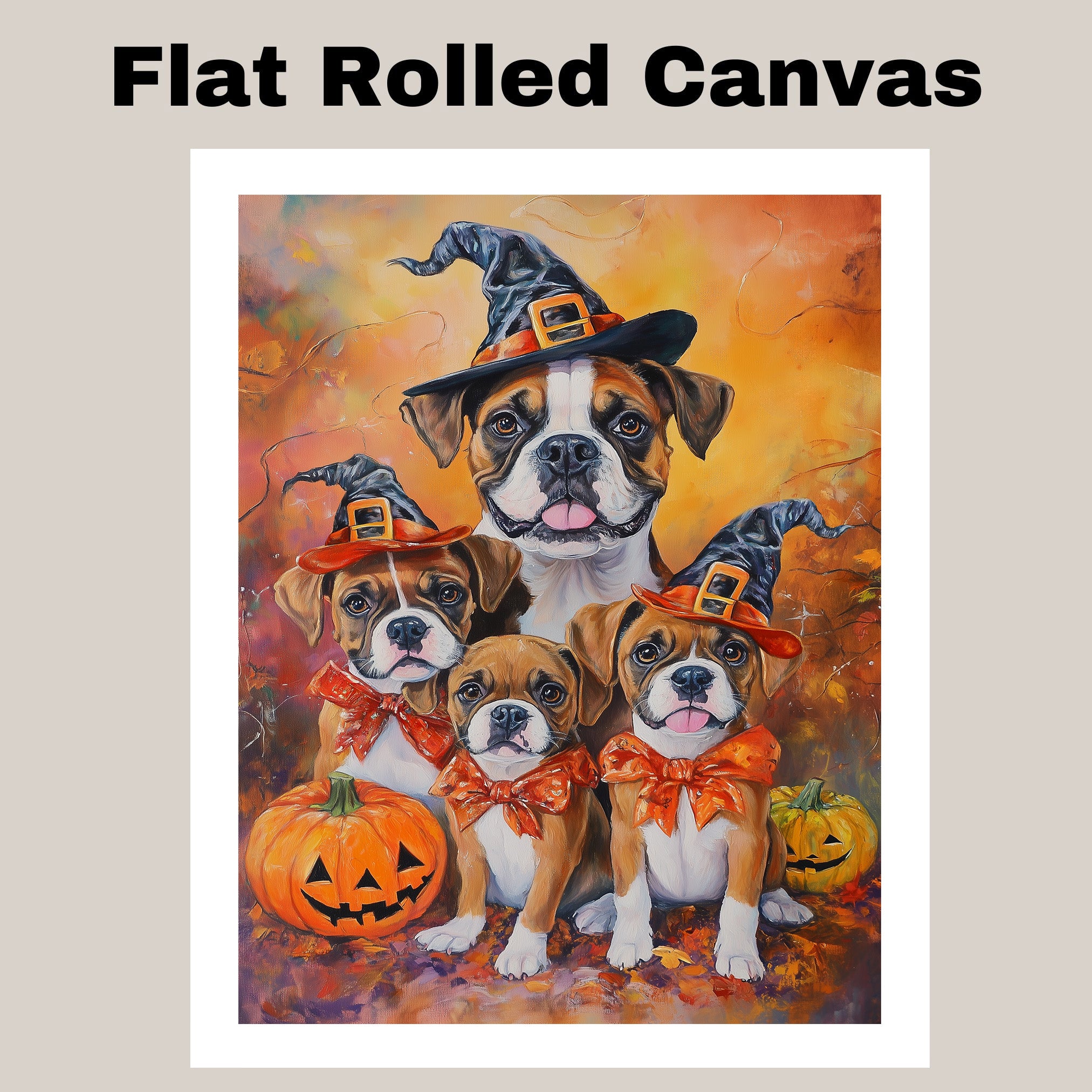 Boxer Dog Halloween Canvas Wall Art with Pumpkins and Witch Hats Rustic Fall Accent for Cozy Farmhouse Homes on Ready to Hang 1.5" Thick Canvas Wrap, Floating Framed Canvas, Flat Rolled Canvas