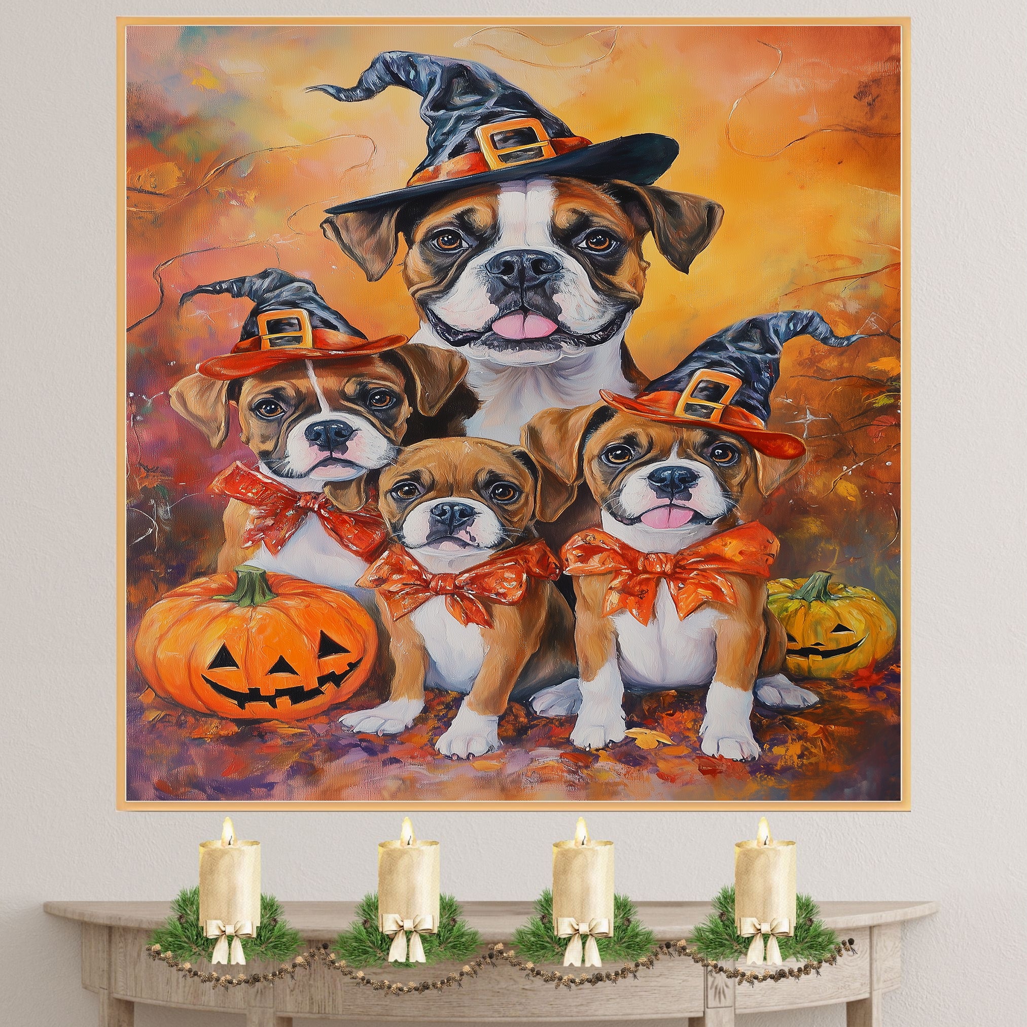 Boxer Dog Halloween Canvas Wall Art with Pumpkins and Witch Hats Rustic Fall Accent for Cozy Farmhouse Homes on Ready to Hang 1.5" Thick Canvas Wrap, Floating Framed Canvas, Flat Rolled Canvas