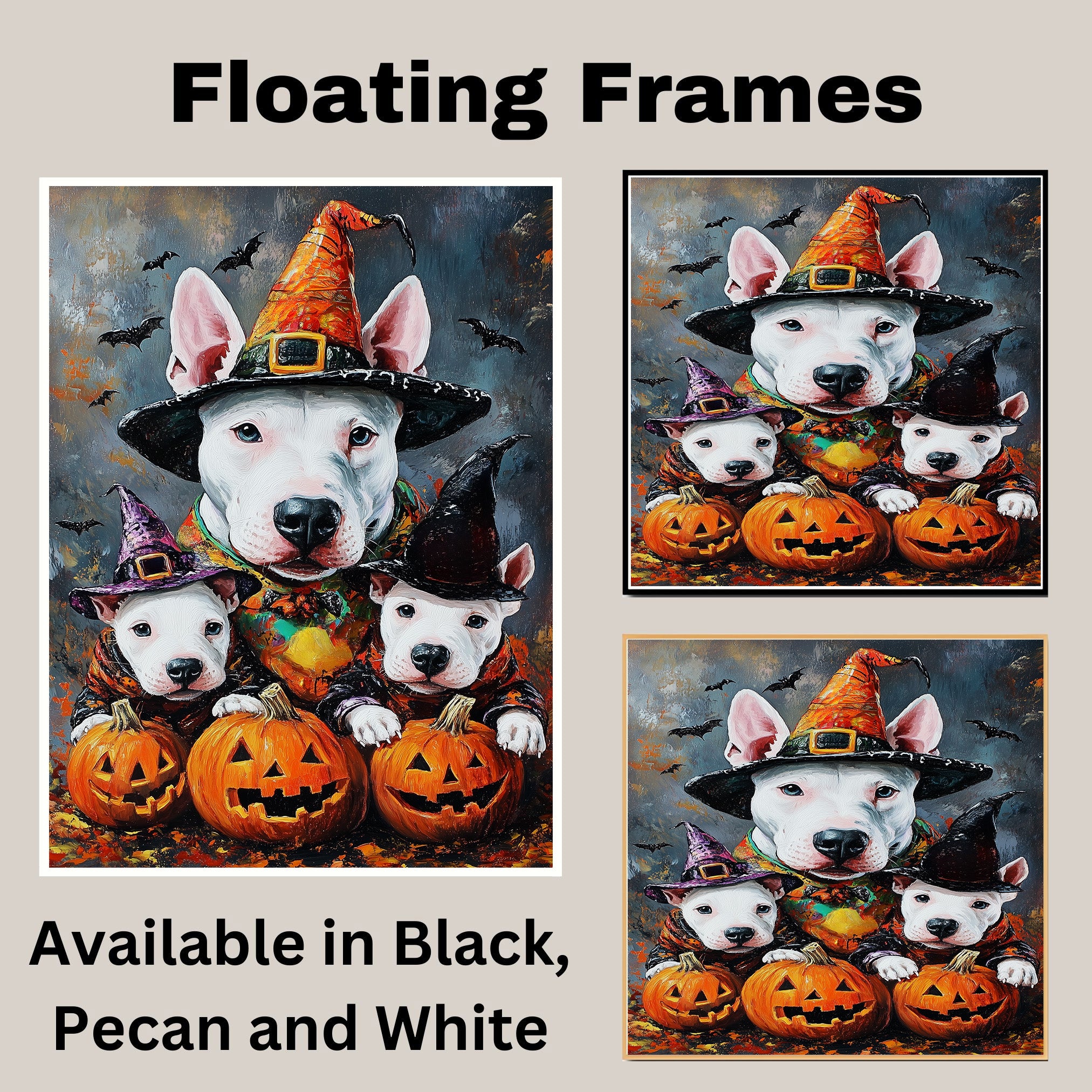 Bull Terrier Dog Halloween Canvas Wall Art with Witch Hat and Pumpkins Rustic Fall Accent for Cozy Farmhouse Homes on Ready to Hang 1.5" Thick Canvas Wrap, Floating Framed Canvas, Flat Rolled Canvas