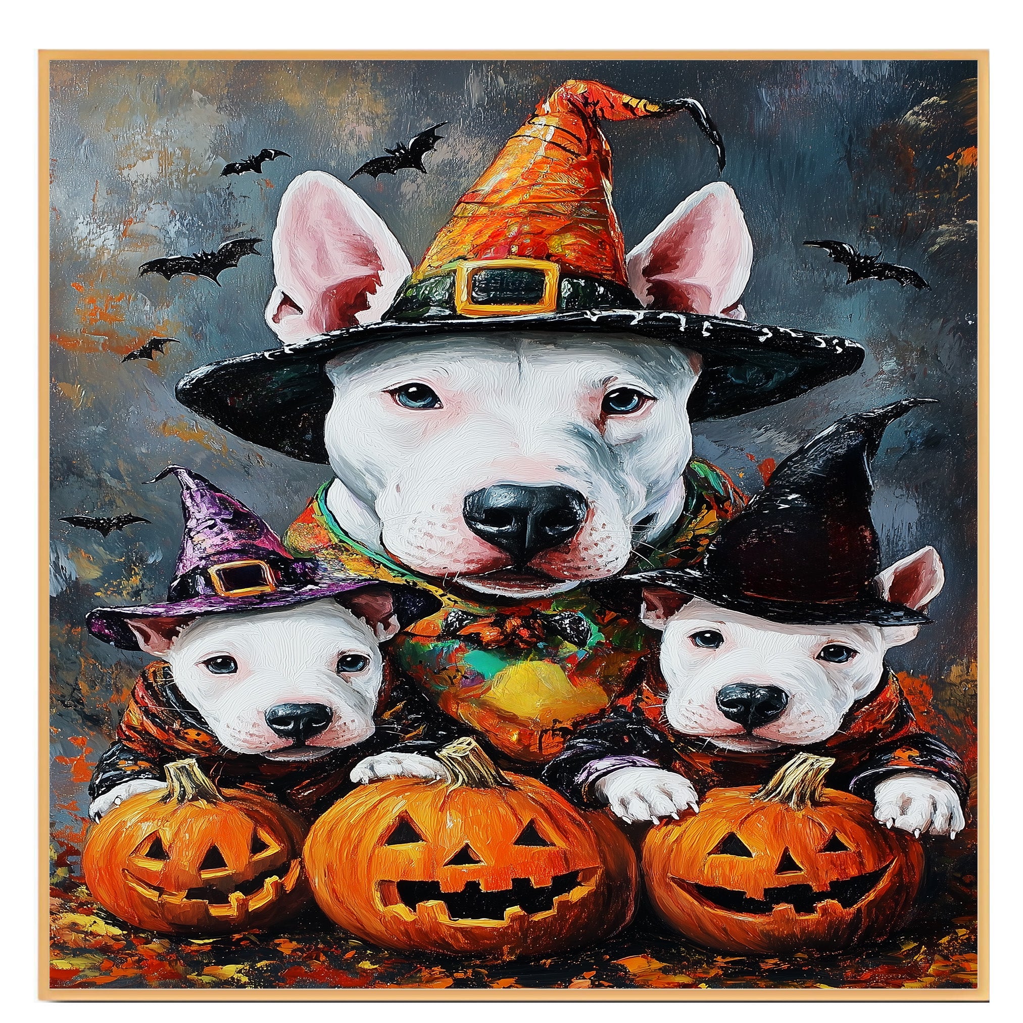 Bull Terrier Dog Halloween Canvas Wall Art with Witch Hat and Pumpkins Rustic Fall Accent for Cozy Farmhouse Homes on Ready to Hang 1.5" Thick Canvas Wrap, Floating Framed Canvas, Flat Rolled Canvas