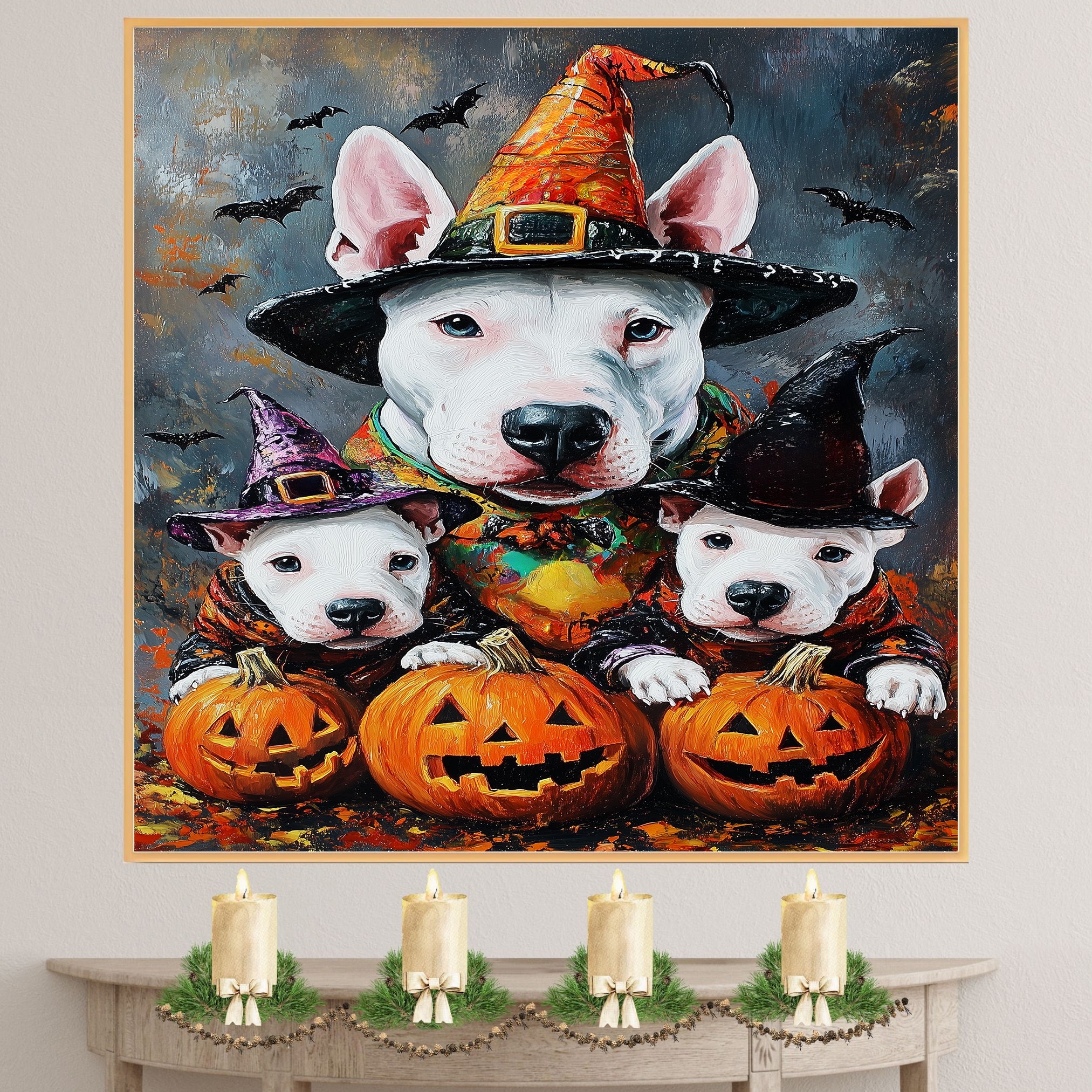 Bull Terrier Dog Halloween Canvas Wall Art with Witch Hat and Pumpkins Rustic Fall Accent for Cozy Farmhouse Homes on Ready to Hang 1.5" Thick Canvas Wrap, Floating Framed Canvas, Flat Rolled Canvas